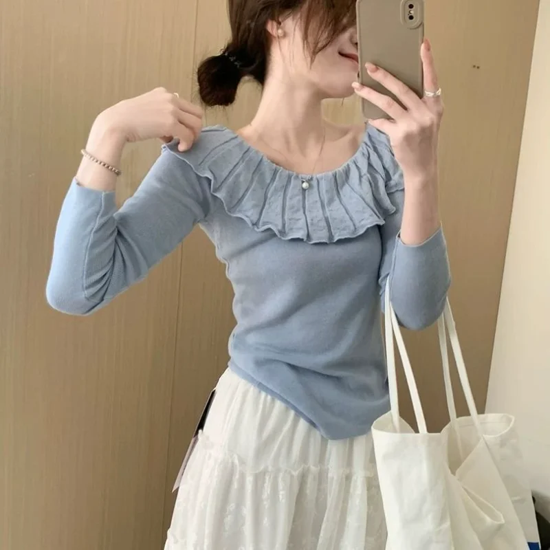 One-shoulder Lady Top 2025 New Autumn Doll Collar Ruffled Sweet Knitted Sweater for Women
One-shoulder Lady Top 2025 New Autumn Doll Collar Ruffled Sweet Knitted Sweater for Women