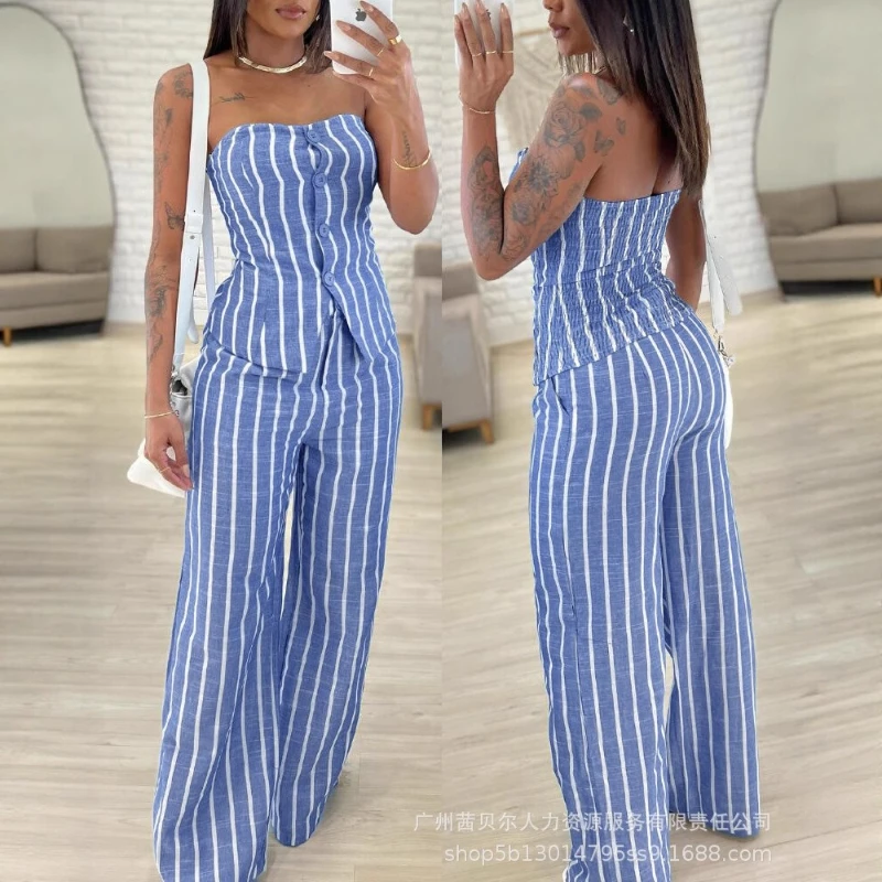 Pant Set Women Two Piece Sets Striped Strapless Sleeveless Sexy Slim High Waist Tops Wide Leg Long Pants High Waist 2025 Summer
Pant Set Women Two Piece Sets Striped Strapless Sleeveless Sexy Slim High Waist Tops Wide Leg Long Pants High Waist 2025 Summer