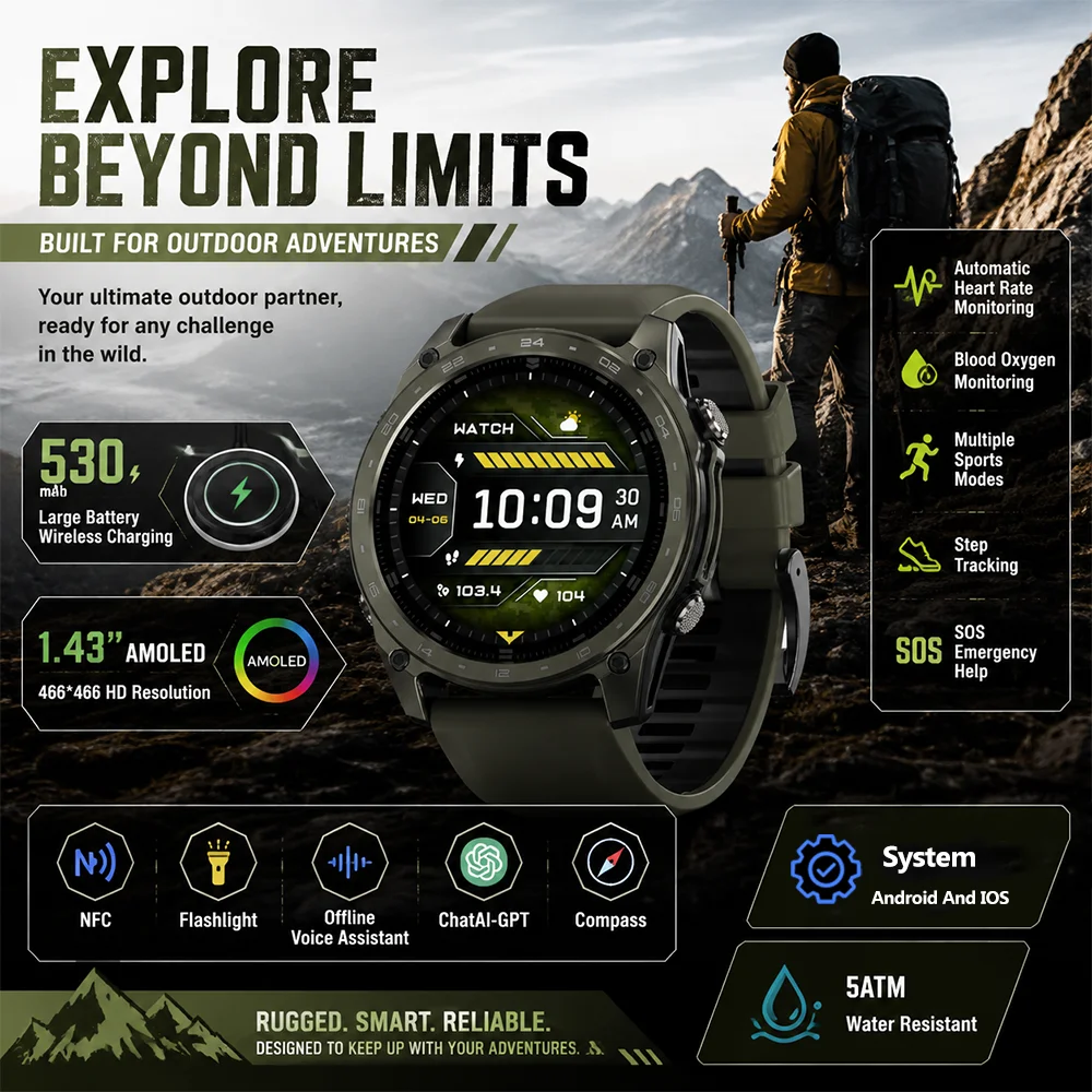 Men Smart Military Watch 2026 1.43 Inch AMOLED Screen 530mAh Large Battery Bluetooth Calling 5ATM Waterproof Altitude Compass