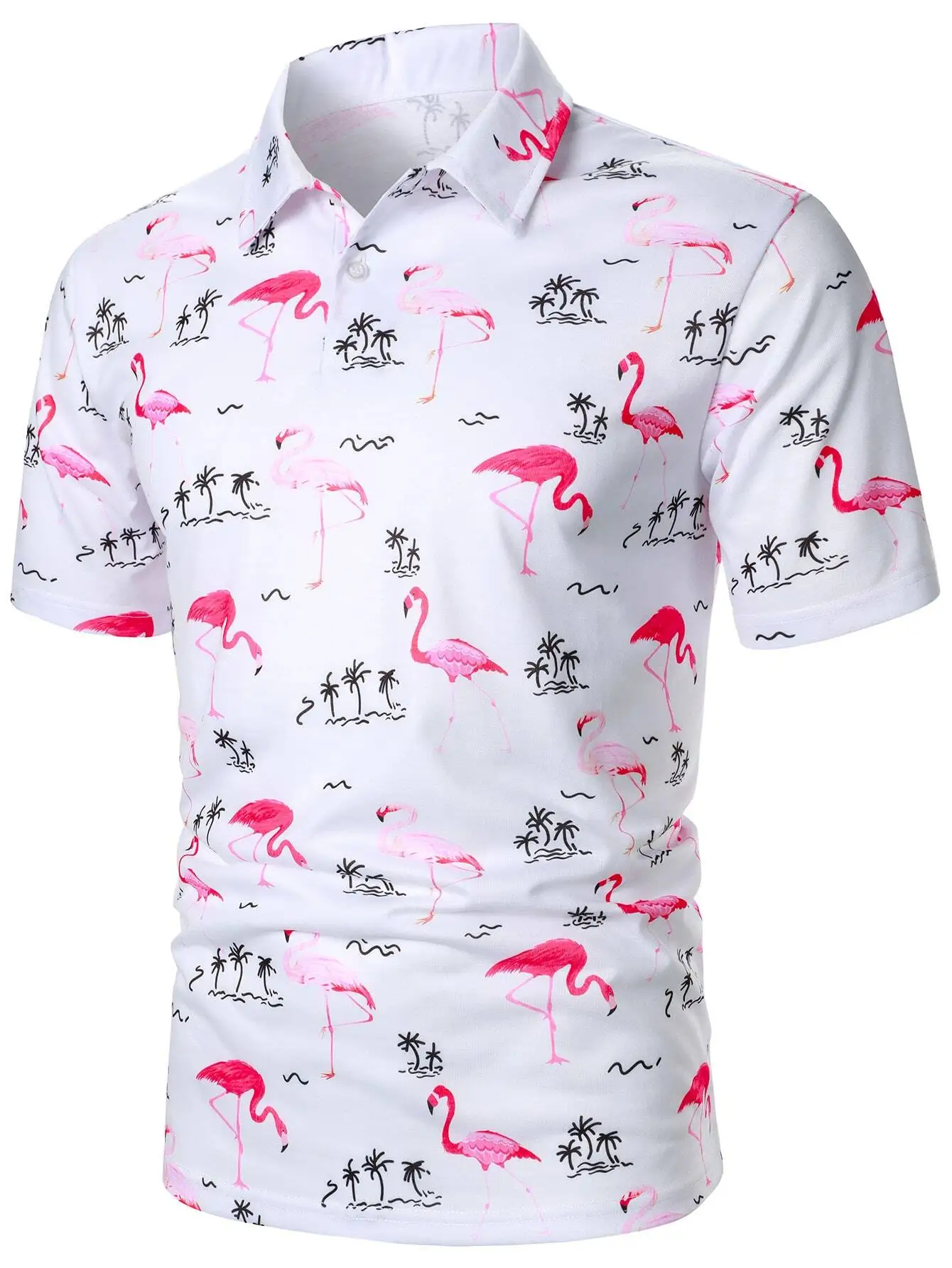 Men's White Short Sleeve Polo Shirt with Pink Flamingo and Palm Tree Print for Beach Vacation
Men's White Short Sleeve Polo Shirt with Pink Flamingo and Palm Tree Print for Beach Vacation
