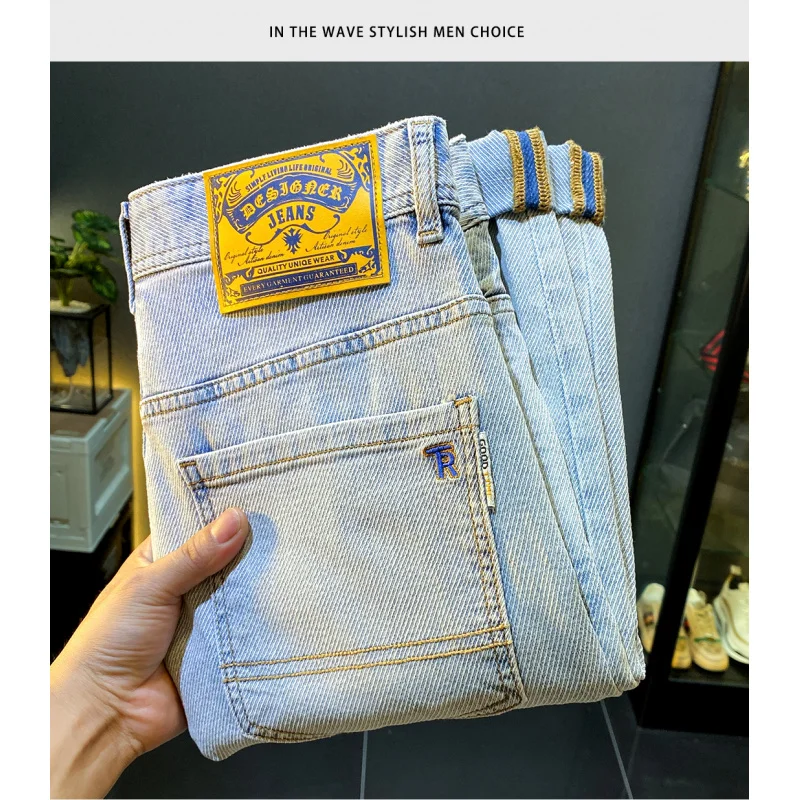 High end summer jeans for men fashion cool light blue slim fit straight leg casual wash versatile personalized denim pants
High end summer jeans for men fashion cool light blue slim fit straight leg casual wash versatile personalized denim pants