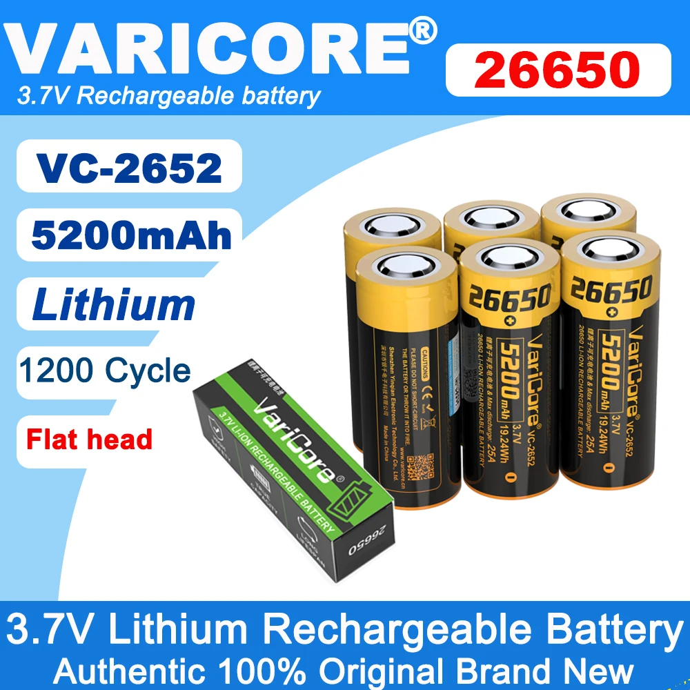 VariCore 5200mAh 26650 VC-2652 Rechargeable lithium battery 3.7V 25A Power Suitable for Flashlight Headlight batteries
VariCore 5200mAh 26650 VC-2652 Rechargeable lithium battery 3.7V 25A Power Suitable for Flashlight Headlight batteries