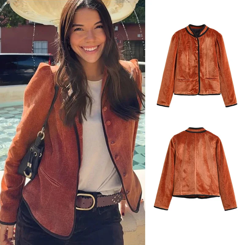 Velvet Puff Sleeve Women ‘s Cropped Jacket Elegant Slim Fit Stand Collar Contrast Trim Coat Female 2026 Spring Woman Outwears
Velvet Puff Sleeve Women ‘s Cropped Jacket Elegant Slim Fit Stand Collar Contrast Trim Coat Female 2026 Spring Woman Outwears