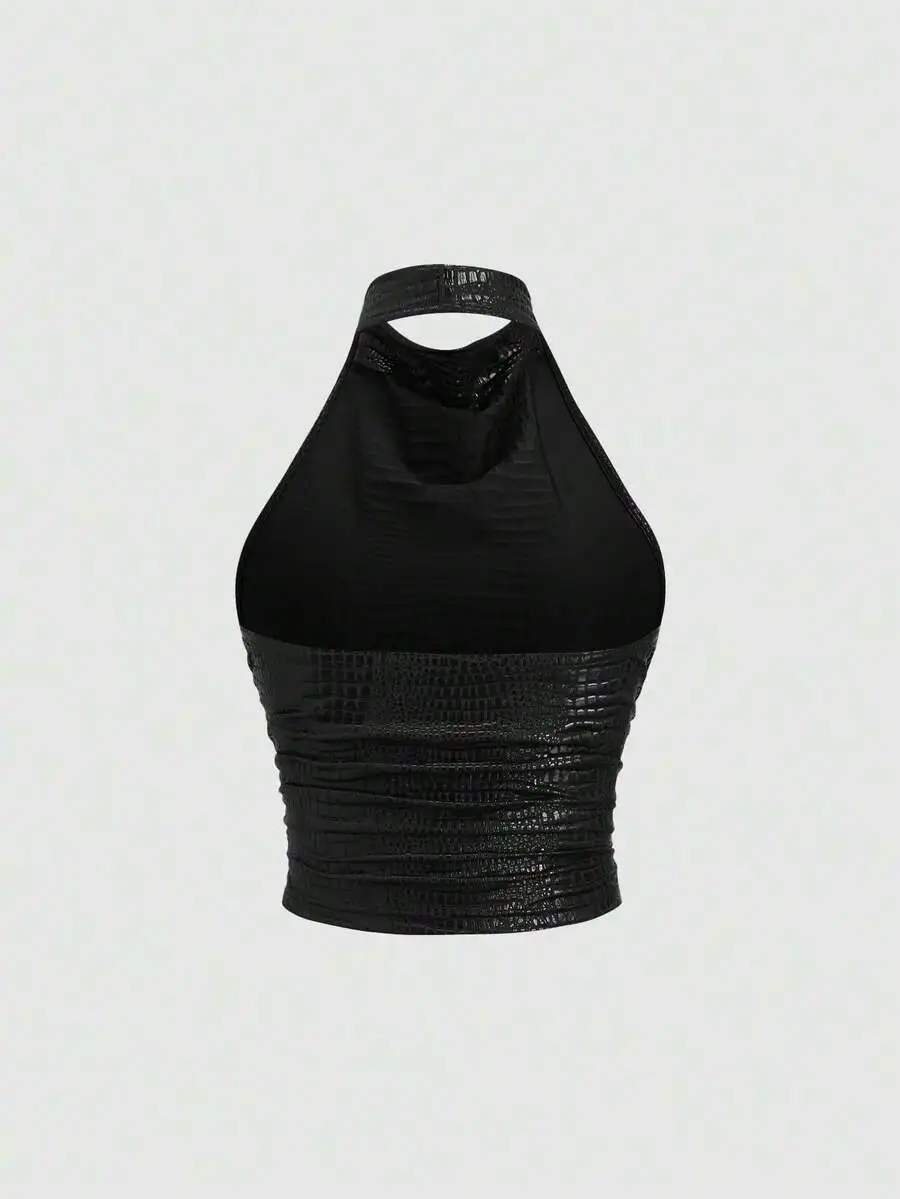 Women Black Halter Neck Crop Top Backless Sleeveless Pleated Fitted Leather Look Summer Party Top
Women Black Halter Neck Crop Top Backless Sleeveless Pleated Fitted Leather Look Summer Party Top