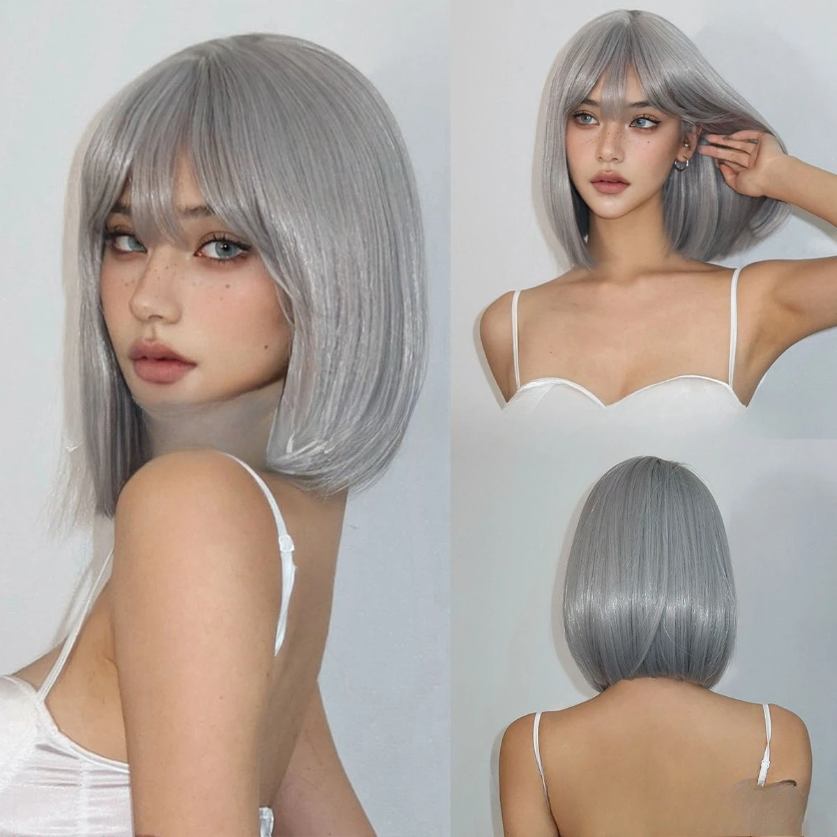European and American wigs Qi bangs silver gray short straight hair full head cover bobo wigs
European and American wigs Qi bangs silver gray short straight hair full head cover bobo wigs