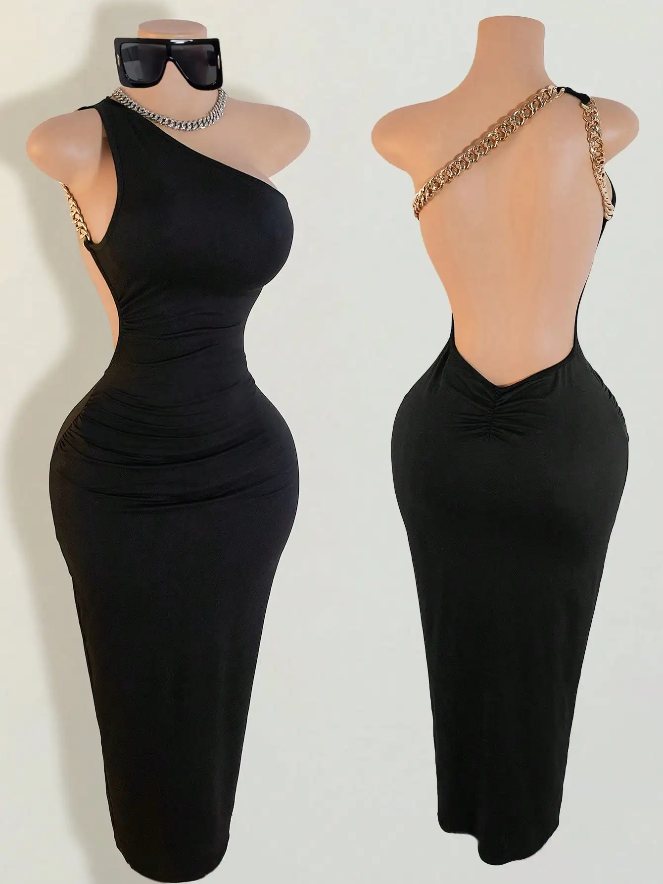 Женское платье-макси с одним открытым плечом, цепочкой и открытой спиной, облегающее фигуру
Женское платье-макси с одним открытым плечом, цепочкой и открытой спиной, облегающее фигуру