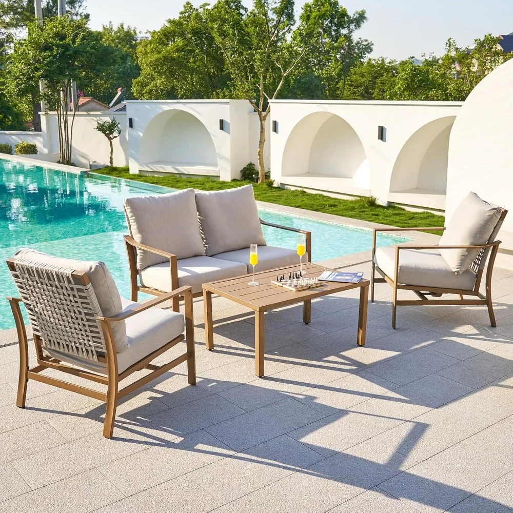 4 Pieces Patio Furniture Sets, Modern Metal Outdoor Conversation Sets with High Back All Weather Hand-Woven Rope, Customized
4 Pieces Patio Furniture Sets, Modern Metal Outdoor Conversation Sets with High Back All Weather Hand-Woven Rope, Customized