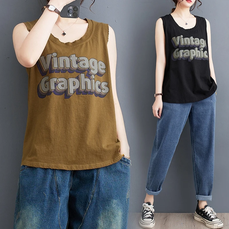 7050 Vintage Letter Print Cotton Vest For Women's Summer Fashion Round Neck Sleeveless Tanks Female Home Wear Casual Loose Tops
7050 Vintage Letter Print Cotton Vest For Women's Summer Fashion Round Neck Sleeveless Tanks Female Home Wear Casual Loose Tops