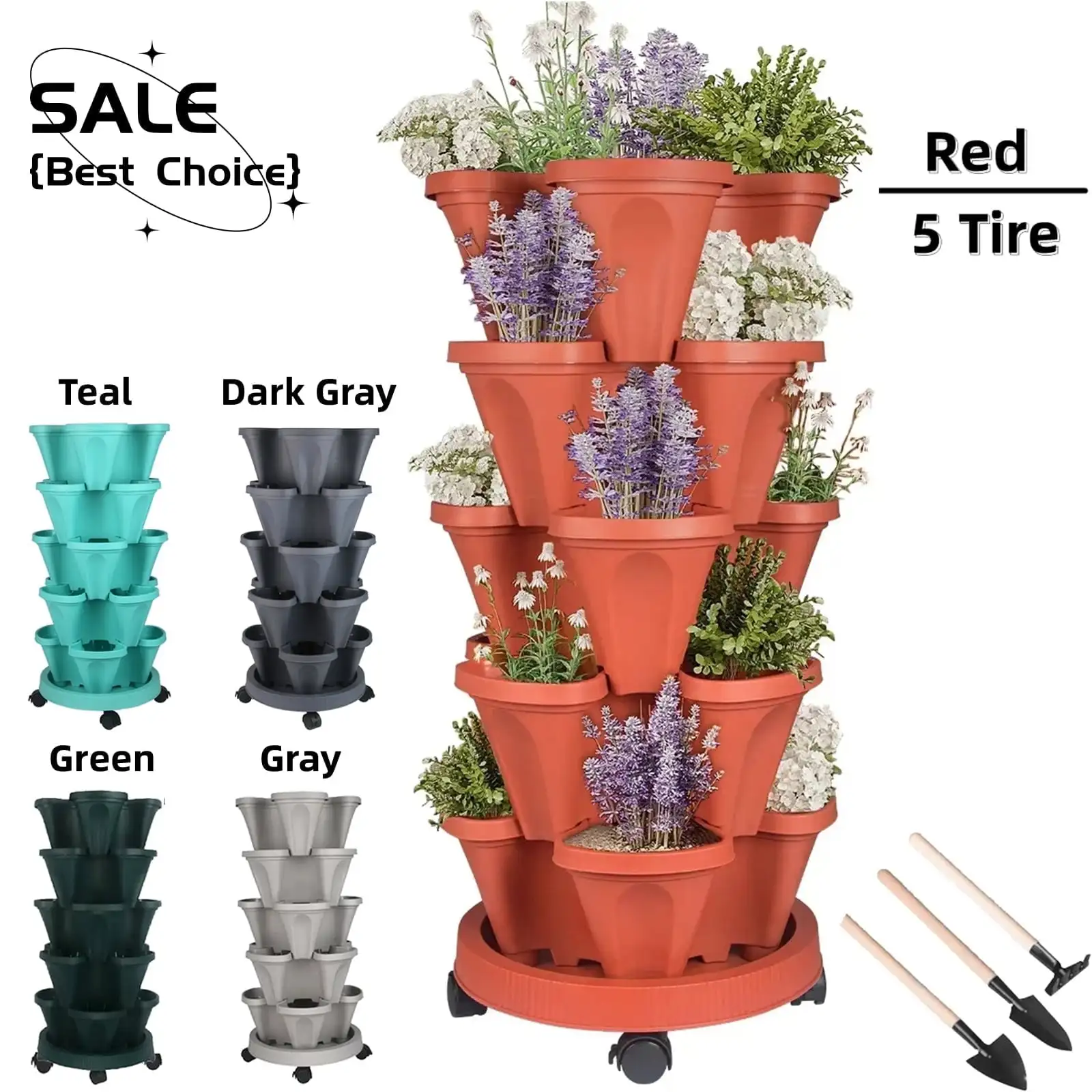 5 Tier Vertical Garden Stackable Planter with Wheels and Tools for Vegetables, Flowers, Herbs, Strawberries, Indoor & Outdoor
5 Tier Vertical Garden Stackable Planter with Wheels and Tools for Vegetables, Flowers, Herbs, Strawberries, Indoor & Outdoor