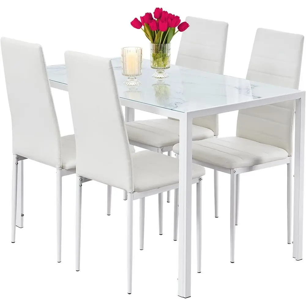 5-Piece Glass Top Dining Table Set with White Chairs for Modern Kitchen and Dining Rooms
5-Piece Glass Top Dining Table Set with White Chairs for Modern Kitchen and Dining Rooms
