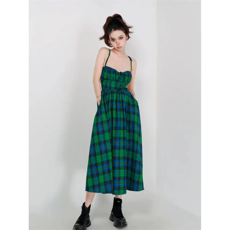 Vintage Green Plaid Backless Strap Dress Women's Sexy Sweet Sleeveless Lace-up Beach Dresses Vestidos De Verano Mujer 2023
Vintage Green Plaid Backless Strap Dress Women's Sexy Sweet Sleeveless Lace-up Beach Dresses Vestidos De Verano Mujer 2023