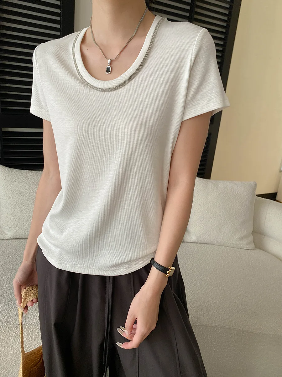 Summer women's casual solid color French heavy industry nail bead round neck shoulder slimming short sleeved T-shirt
Summer women's casual solid color French heavy industry nail bead round neck shoulder slimming short sleeved T-shirt