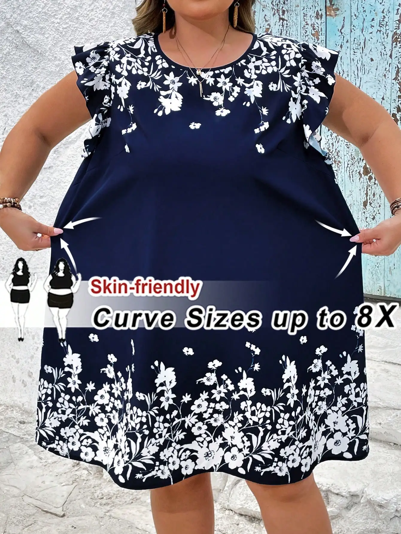 Plus Size Blue Floral Print Woven Dress with Ruffle Sleeves and Round Neck
Plus Size Blue Floral Print Woven Dress with Ruffle Sleeves and Round Neck