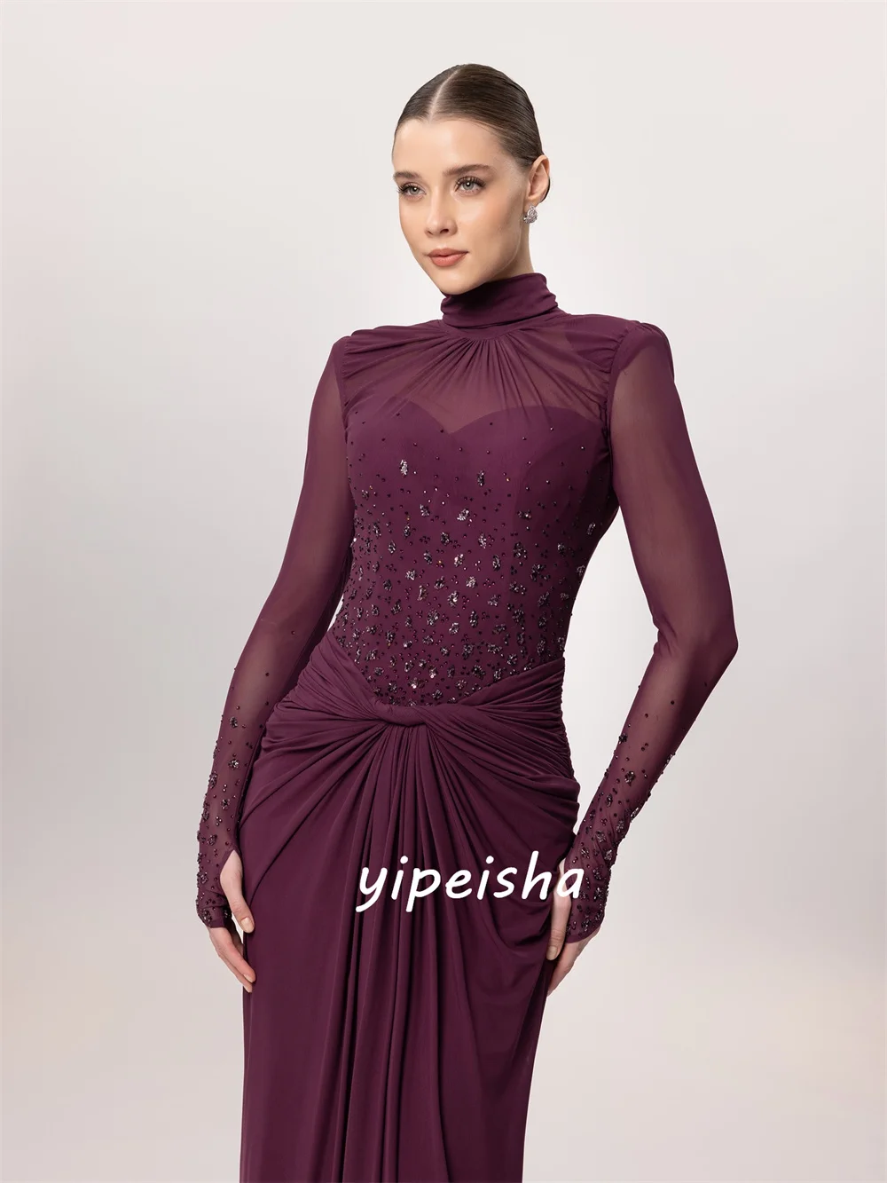 Customized Purple Sparkle Luxury Chiffon Pleat Beading Sequined Draped Straight High Collar Long Dresses Evening Dresses Retre
Customized Purple Sparkle Luxury Chiffon Pleat Beading Sequined Draped Straight High Collar Long Dresses Evening Dresses Retre