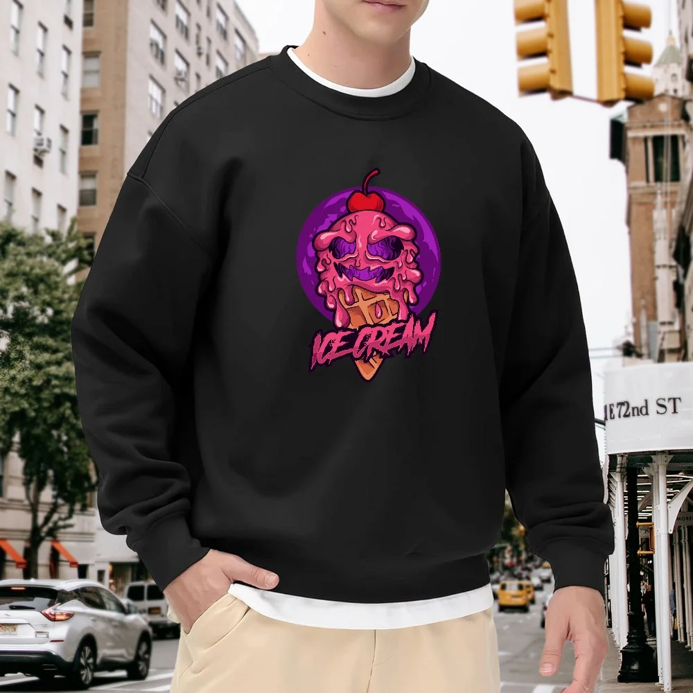 Men's Black Crew Neck Loose Sweatshirt with Fun Ice Cream Print, Street Style Trendy Top, Everyday Casual Comfortable Fashion Item, Unique Pattern Design
Men's Black Crew Neck Loose Sweatshirt with Fun Ice Cream Print, Street Style Trendy Top, Everyday Casual Comfortable Fashion Item, Unique Pattern Design