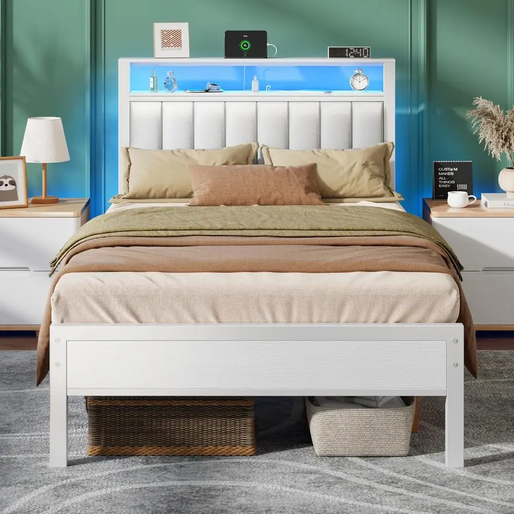 Twin Size Bed e with Charging Station, ern Platorm Bed with 2-Tier Storage Shelves, White PU Leather Uphols
Twin Size Bed e with Charging Station, ern Platorm Bed with 2-Tier Storage Shelves, White PU Leather Uphols