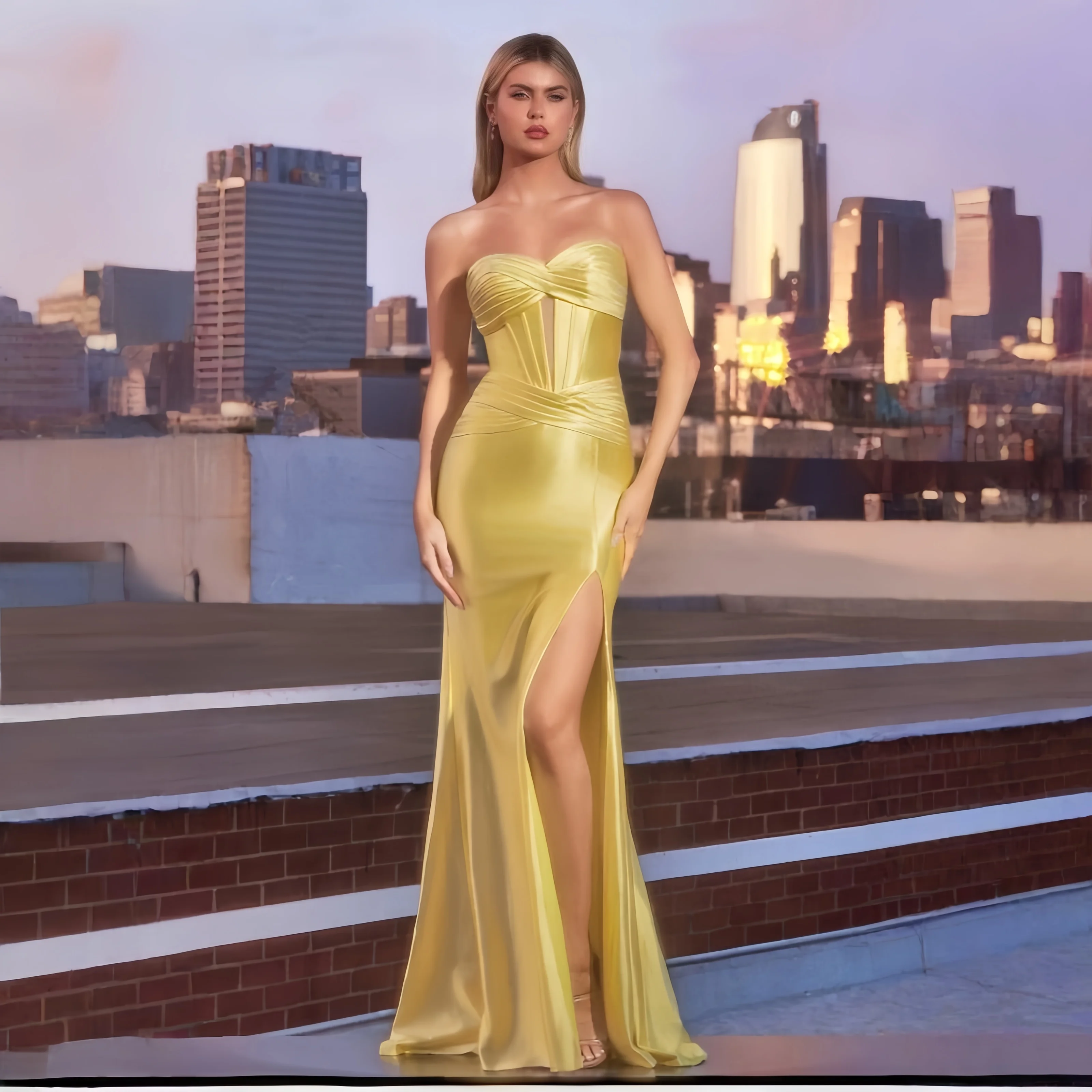 Yellow Satin Strapless Evening Dress High Slit Mermaid Maxi Dress Fishbone Corset Formal Dinner Party And Ball
Yellow Satin Strapless Evening Dress High Slit Mermaid Maxi Dress Fishbone Corset Formal Dinner Party And Ball