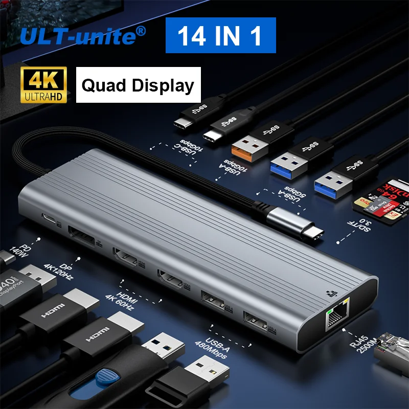 14 in 1 Quad Screen Docking Station USB C Hub with DP 4K 120Hz 2xHMDI 4K 60Hz Gigabit Ethernet 10Gbps USB-A/C SD TF
14 in 1 Quad Screen Docking Station USB C Hub with DP 4K 120Hz 2xHMDI 4K 60Hz Gigabit Ethernet 10Gbps USB-A/C SD TF