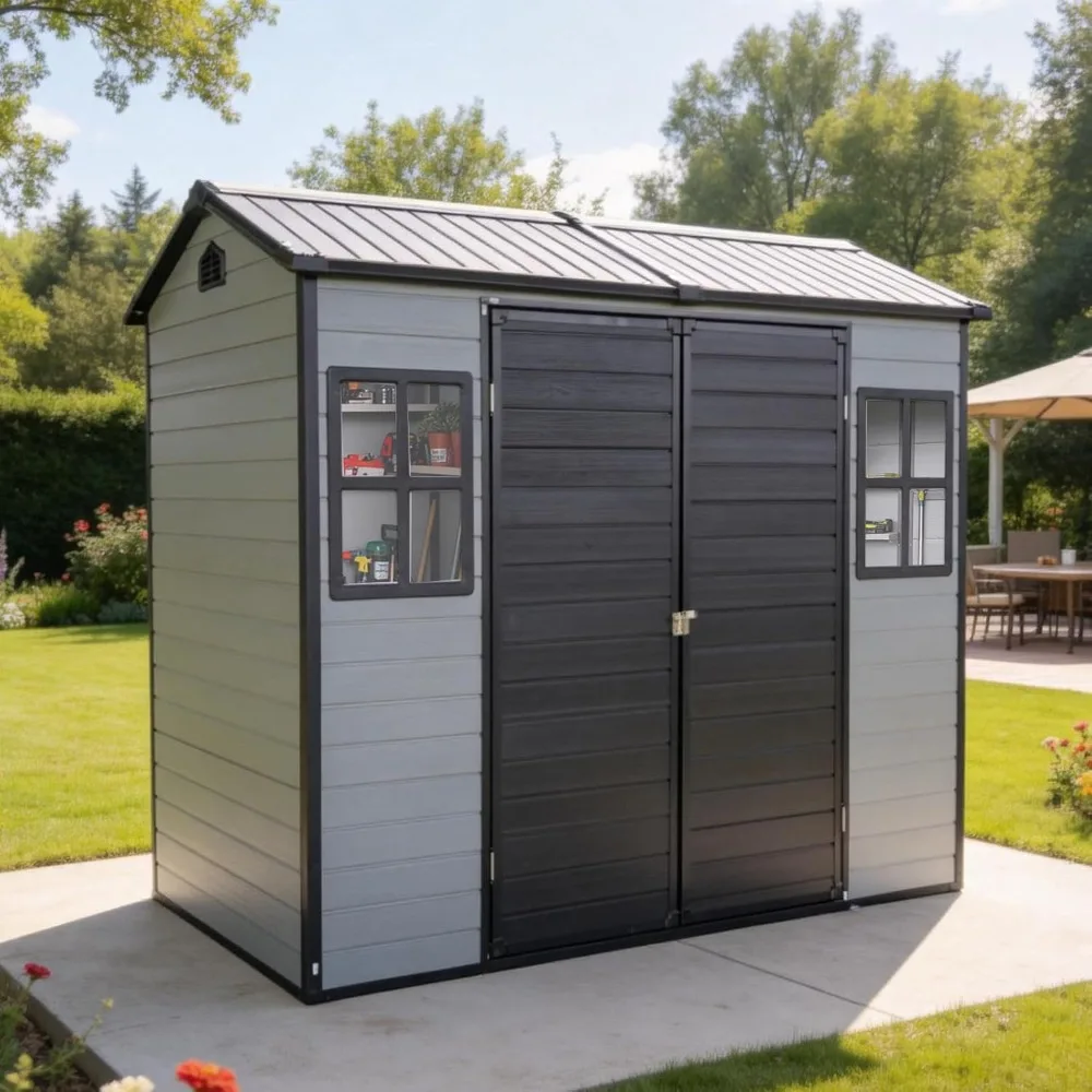 8x4 FT Resin Storage Shed with Floor, Outdoor Plastic Shed with 2 Windows, 2 Vents and Lockable Door for Backyard, Customized
8x4 FT Resin Storage Shed with Floor, Outdoor Plastic Shed with 2 Windows, 2 Vents and Lockable Door for Backyard, Customized