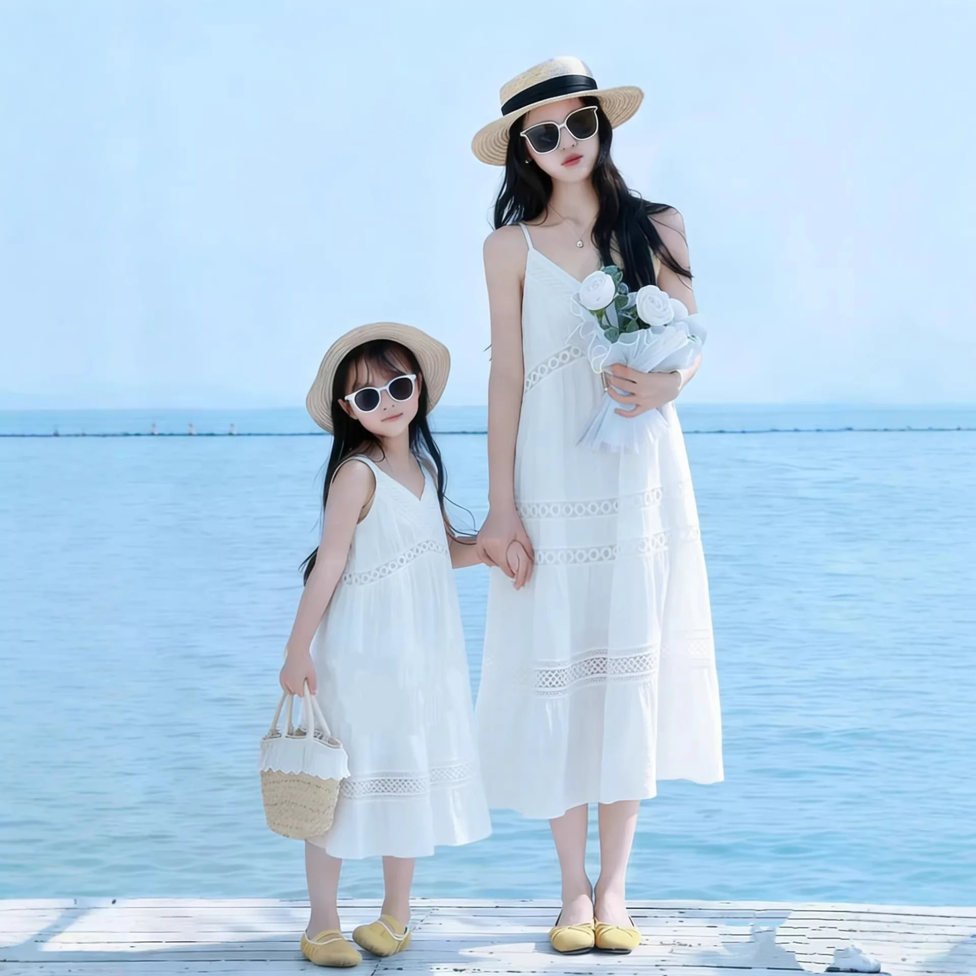 Parent Child Matching Mother and Daughter White Camisole Dresses Summer Hollow-out Embroidery Resort Style Seaside Beach Dresses
Parent Child Matching Mother and Daughter White Camisole Dresses Summer Hollow-out Embroidery Resort Style Seaside Beach Dresses