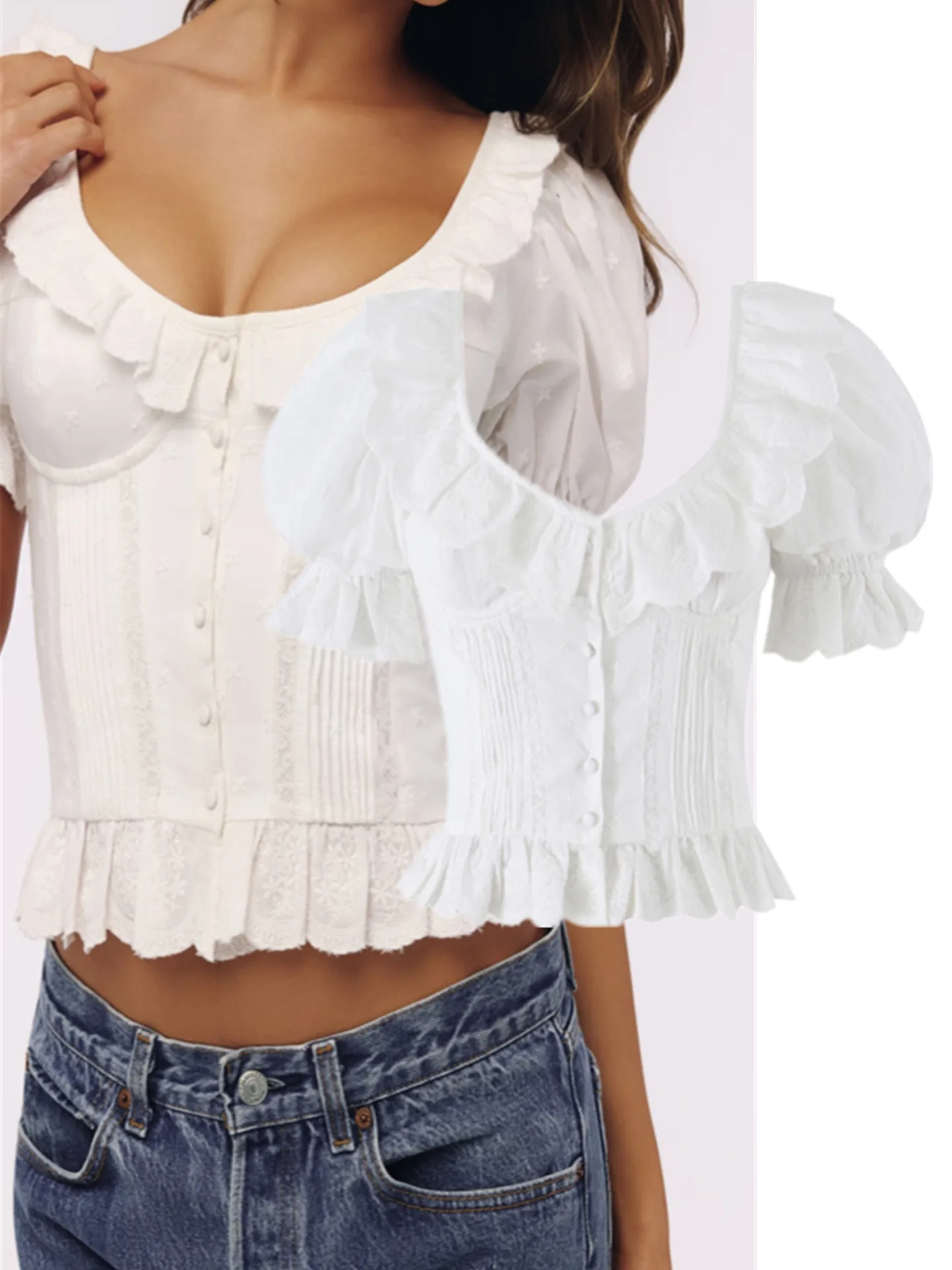 Slimming Embroidered Hollow out Bubble Sleeve Shirt Girl's Fashion French Style Short Sleeve Waist Cinched Bubble Top
Slimming Embroidered Hollow out Bubble Sleeve Shirt Girl's Fashion French Style Short Sleeve Waist Cinched Bubble Top