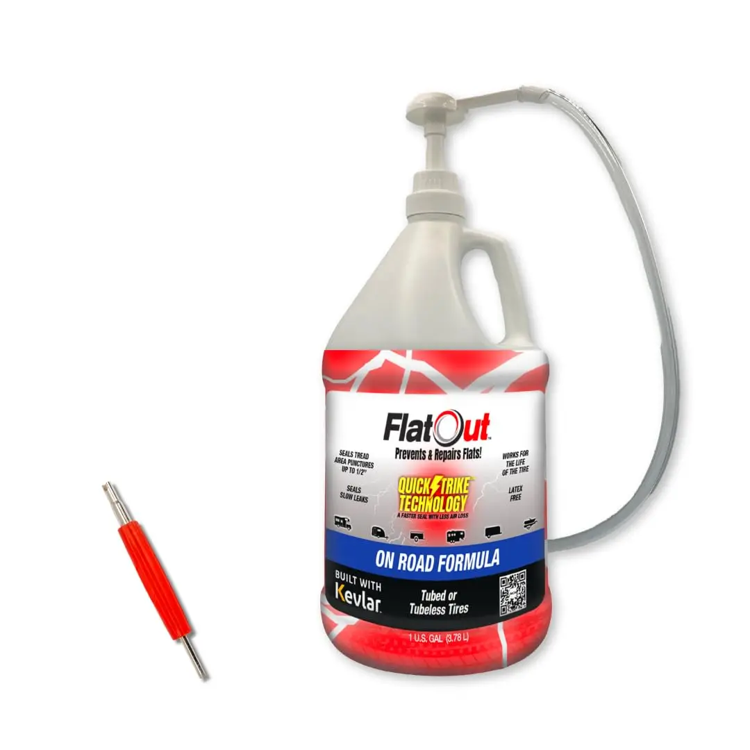 QuickStrike On-Road Tire Sealant - New Formula Prevents Flats, Seals Leaks with Kevlar - 1 Gallon + Tool
QuickStrike On-Road Tire Sealant - New Formula Prevents Flats, Seals Leaks with Kevlar - 1 Gallon + Tool