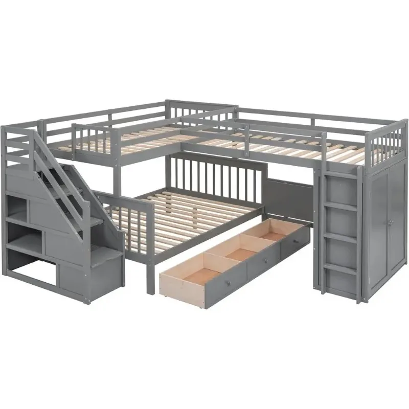 Gray L-Shaped Triple Bunk Bed with Storage, Wardrobe, Desk for 3 Kids or Adults
Gray L-Shaped Triple Bunk Bed with Storage, Wardrobe, Desk for 3 Kids or Adults