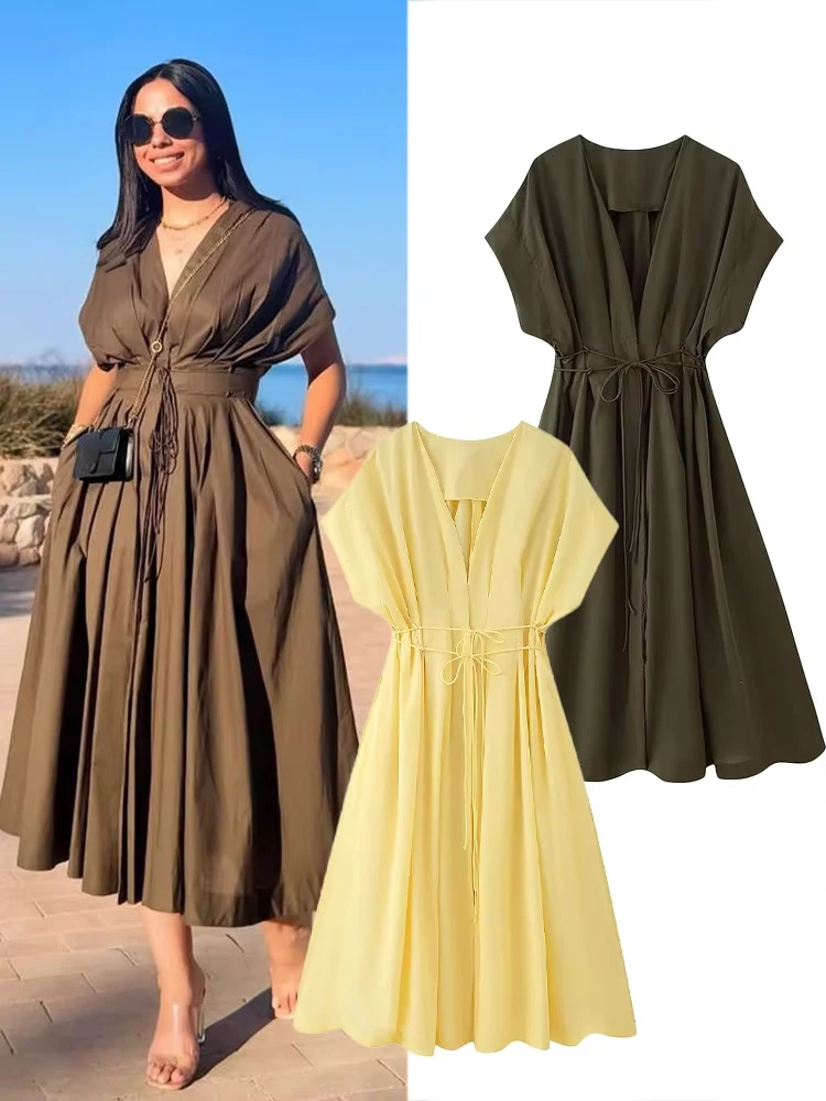 HH Women's New Fashion V-neck Pleated Down Shoulder Short Sleeve Midi Dress Female Temperament High-waist Casual Long Dress 
HH Women's New Fashion V-neck Pleated Down Shoulder Short Sleeve Midi Dress Female Temperament High-waist Casual Long Dress