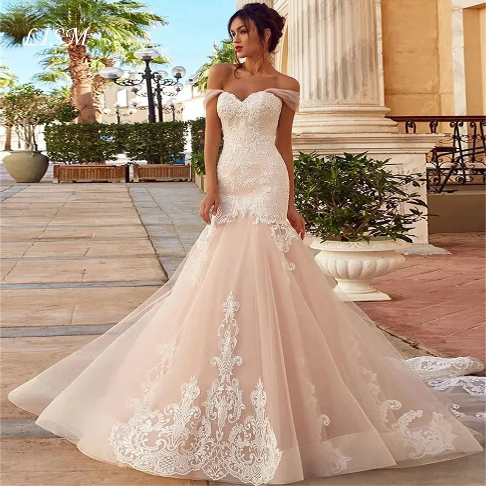 Lism Romantic Mermaid Wedding Dresses Sexy Appliquéd Off Shoulder Floral Appliques Ivory Tulle Sweep Train Bridal Gown Customize
Lism Romantic Mermaid Wedding Dresses Sexy Appliquéd Off Shoulder Floral Appliques Ivory Tulle Sweep Train Bridal Gown Customize