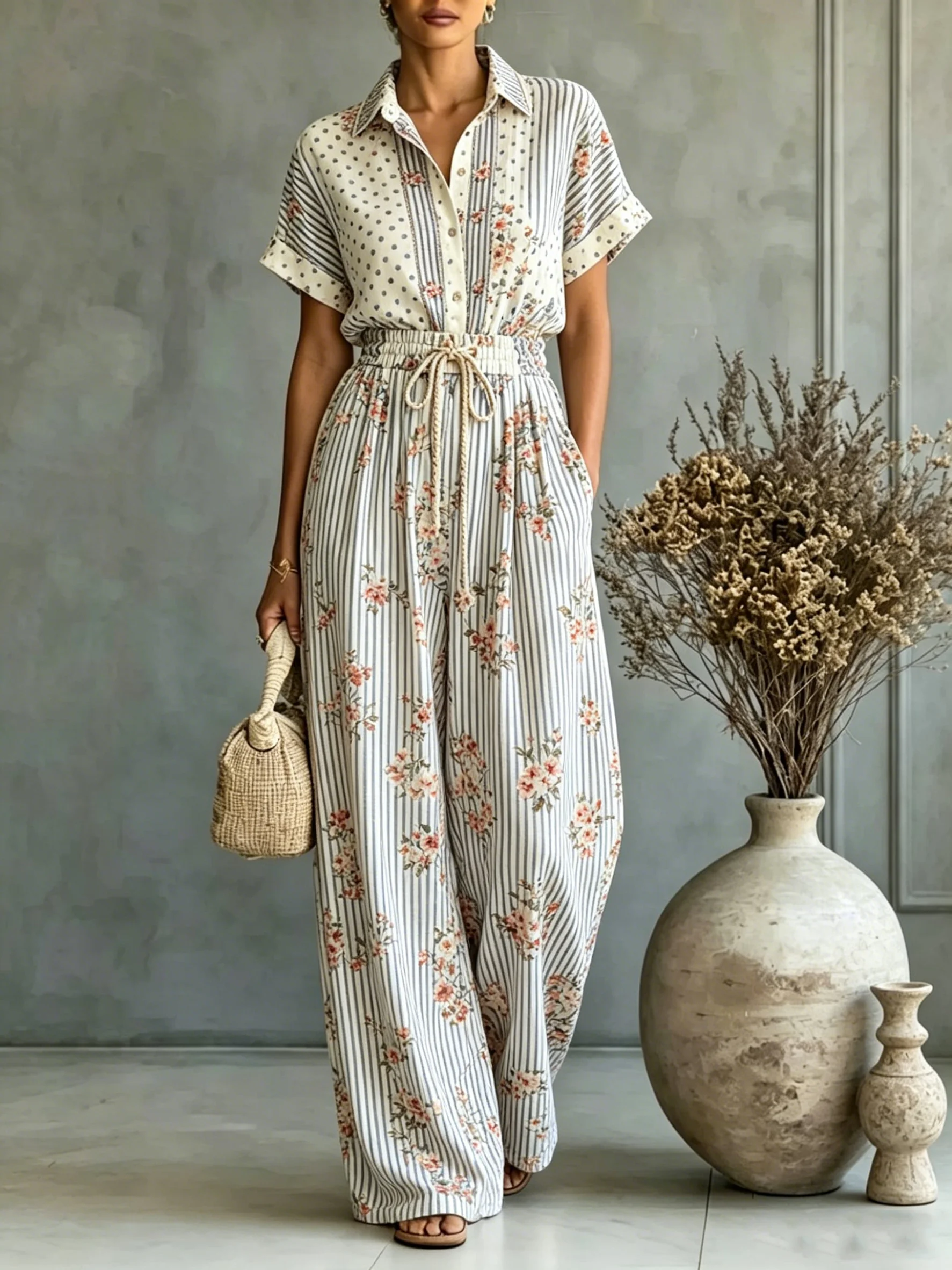 Women's Floral Stripe Print Two Piece Set Turn-Down Collar Single-Breasted Shirt & Elastic Waist Pants Fashion Casual Summer Set
Women's Floral Stripe Print Two Piece Set Turn-Down Collar Single-Breasted Shirt & Elastic Waist Pants Fashion Casual Summer Set