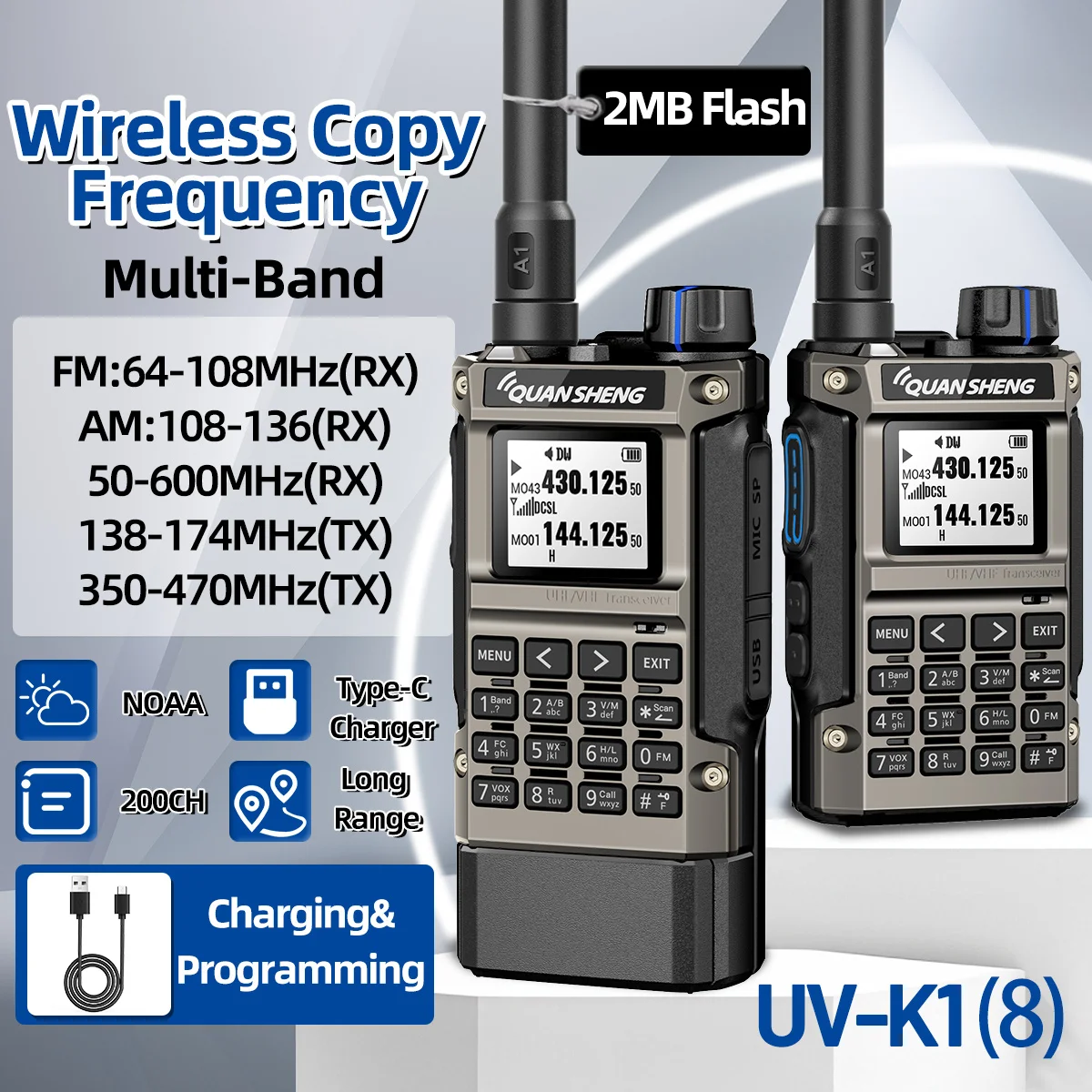 Quansheng UV-K1(8) Multi-Band Walkie Talkie 2MB Flash Wireless Copy Frequency Long Range Type-C Charger for Quansheng UVK5 K6
Quansheng UV-K1(8) Multi-Band Walkie Talkie 2MB Flash Wireless Copy Frequency Long Range Type-C Charger for Quansheng UVK5 K6