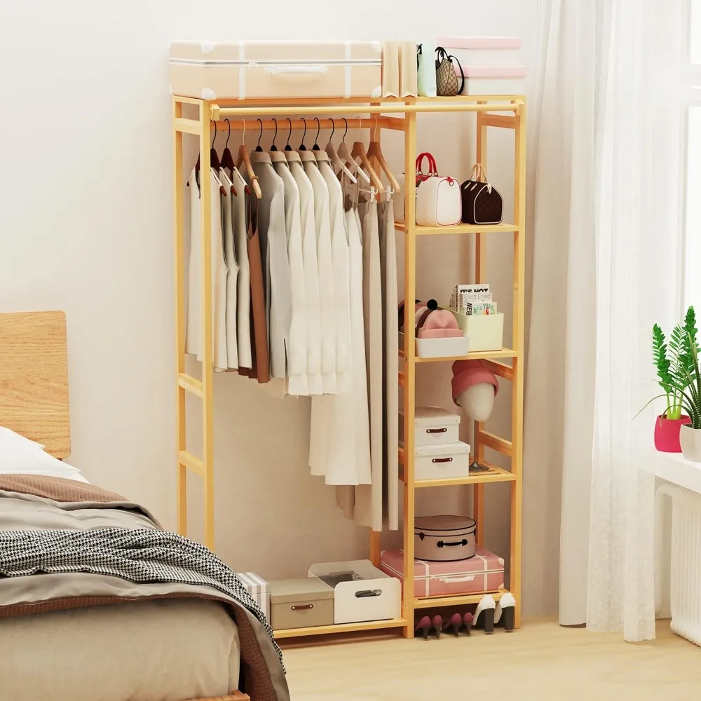 Wood Clothing Hanging Rail Garment Rack with Back Cover - Freestanding 6 Shelves Closet Organizer for Clothes Shoes Storage
Wood Clothing Hanging Rail Garment Rack with Back Cover - Freestanding 6 Shelves Closet Organizer for Clothes Shoes Storage