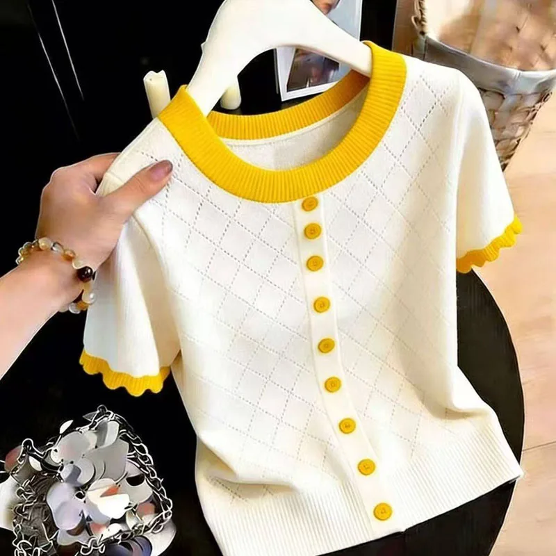 Sueter Feminino Short Sleeve Knitted Sweater Women Pullovers New Summer Patchwork O-Neck Knit Sweater Pullover Women Tops Q3965
Sueter Feminino Short Sleeve Knitted Sweater Women Pullovers New Summer Patchwork O-Neck Knit Sweater Pullover Women Tops Q3965