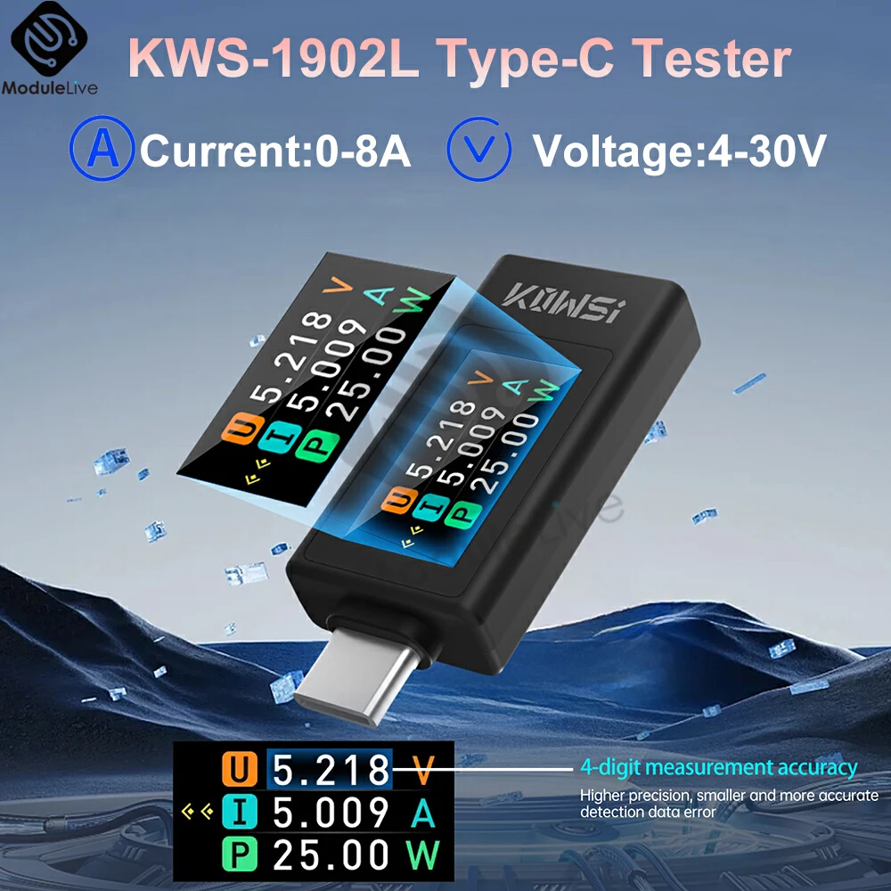 KWS-1902L Type-C Tester 4-30V 0-8A Current Voltage Monitor Fast Charging Voltage Ammeter Power Meter with Power Off Storage
KWS-1902L Type-C Tester 4-30V 0-8A Current Voltage Monitor Fast Charging Voltage Ammeter Power Meter with Power Off Storage