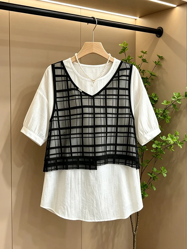plus Size Women's Summer Shirt Plaid Mesh Splice Fake Two-Piece Short Sleeve Loose Top Korean Style Breathable Skin-Friendly
plus Size Women's Summer Shirt Plaid Mesh Splice Fake Two-Piece Short Sleeve Loose Top Korean Style Breathable Skin-Friendly