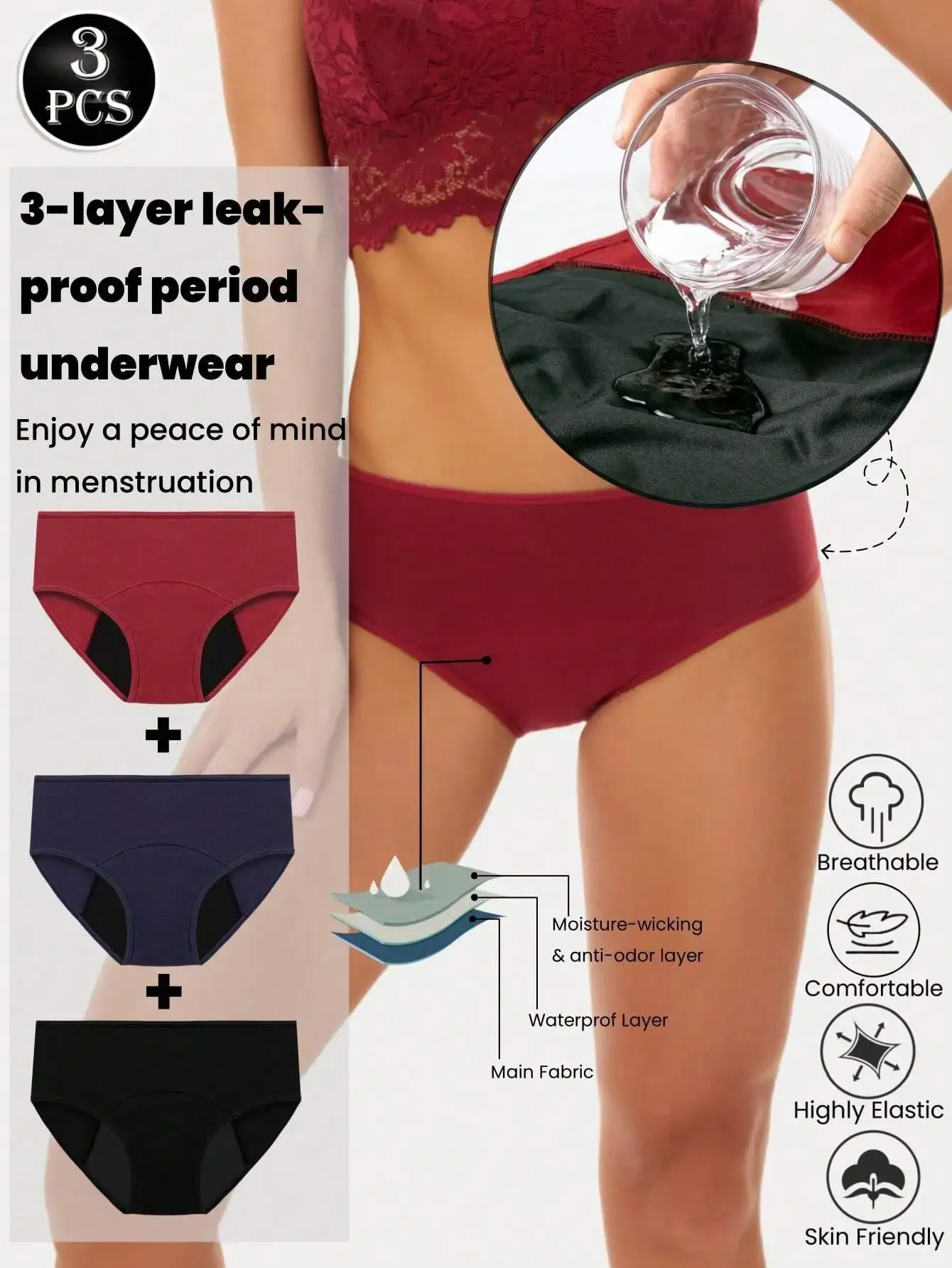 3pcs/Set Women Leak-Proof Menstrual Panties, Solid Color, Simple, Breathable, Underwear
3pcs/Set Women Leak-Proof Menstrual Panties, Solid Color, Simple, Breathable, Underwear