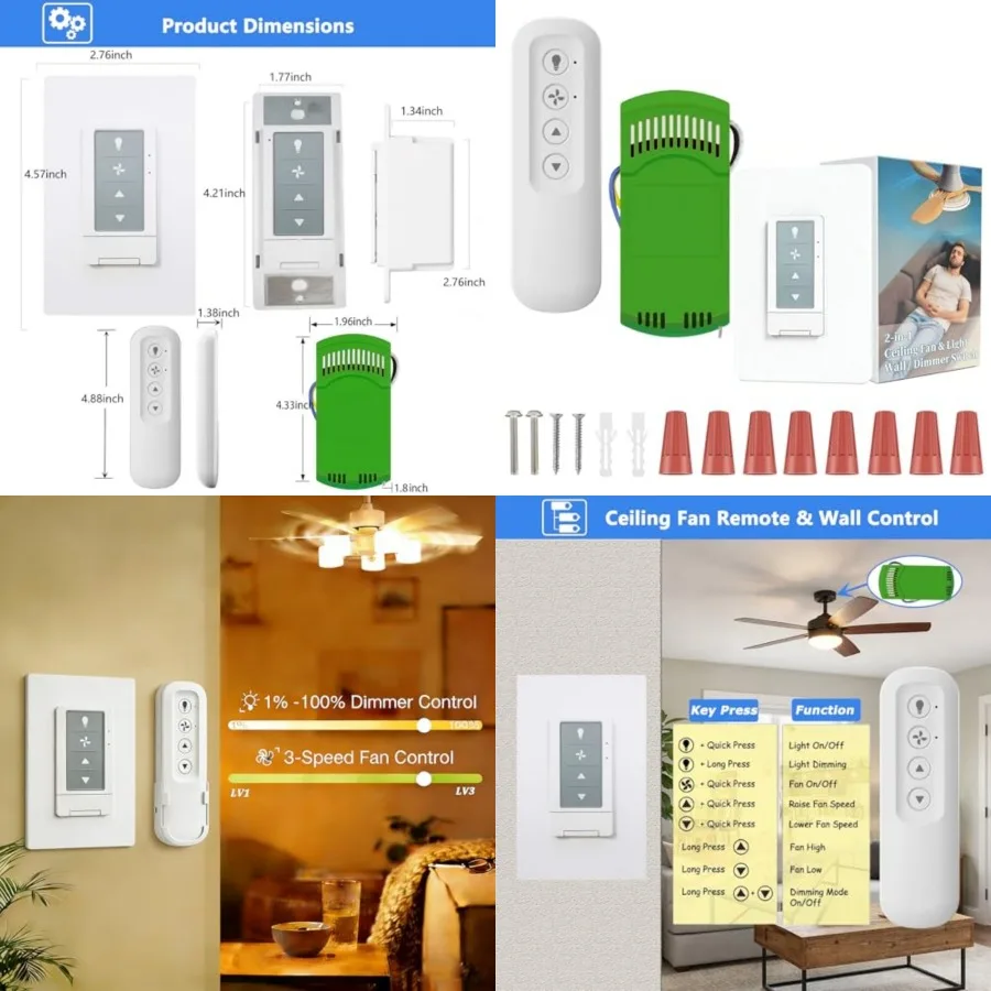Ceiling Fan Remote and Wall Control Kit with Light Dimmer and 3- Speeds, All-in-One Universal Fan Remote Kit Includes Remote, R
Ceiling Fan Remote and Wall Control Kit with Light Dimmer and 3- Speeds, All-in-One Universal Fan Remote Kit Includes Remote, R