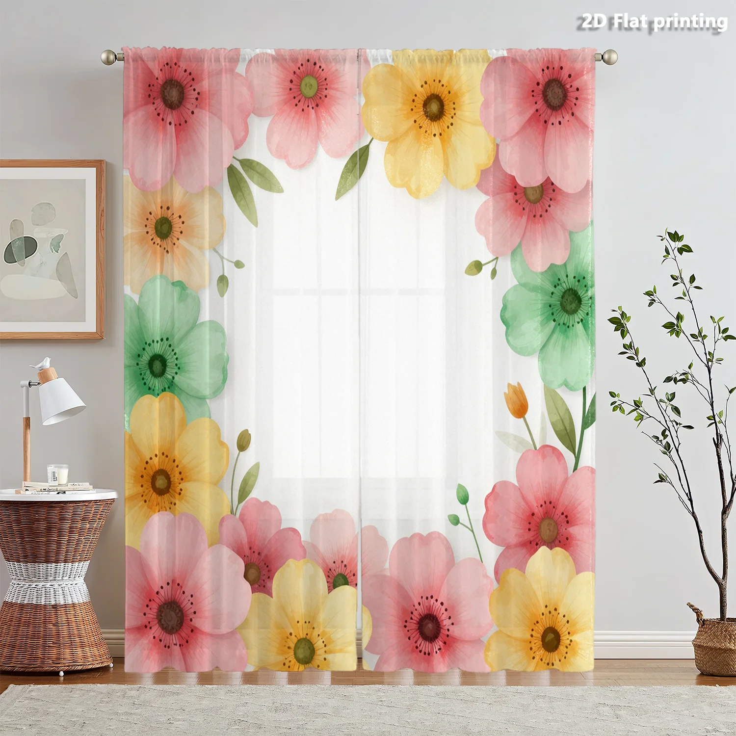 2D FLAT 2pcs Sheer Curtains Floral Pattern With Pink Yellow And Green Flowers Rod Pocket Window Drapes, Filtering Panels for Bed
2D FLAT 2pcs Sheer Curtains Floral Pattern With Pink Yellow And Green Flowers Rod Pocket Window Drapes, Filtering Panels for Bed