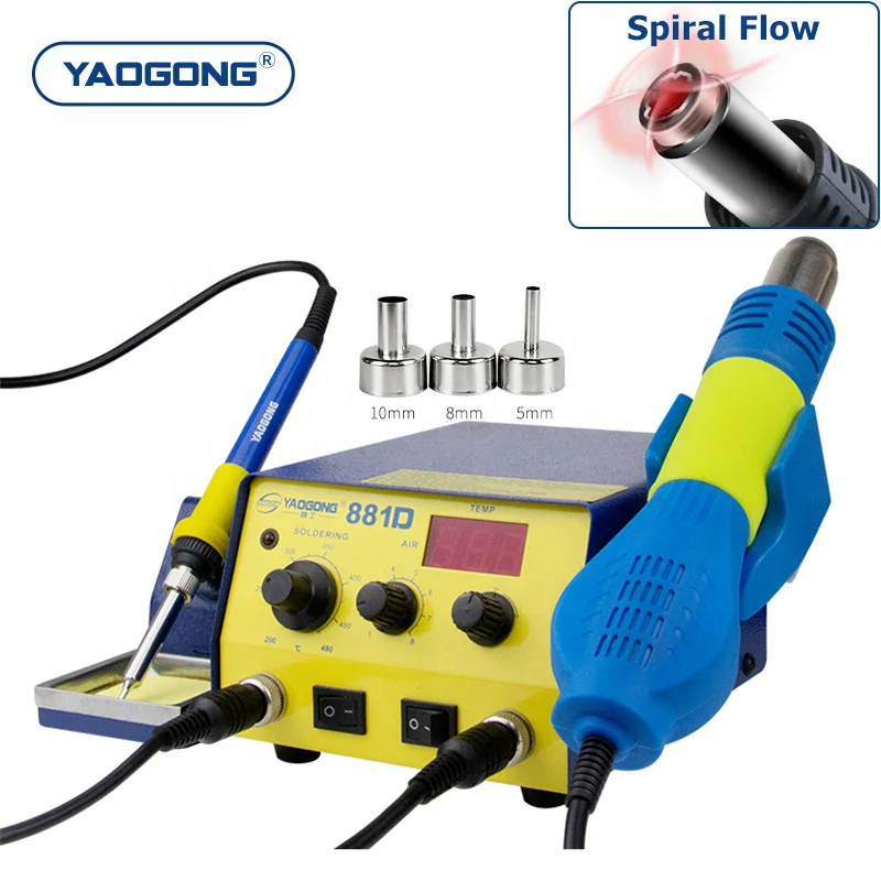 YAOGONG 881D Auto Sleep Thermostat Heat Blower 936 Solder Iron Mobile Phone Repair Tool SMD Rework Hot Air Gun Soldering Station
YAOGONG 881D Auto Sleep Thermostat Heat Blower 936 Solder Iron Mobile Phone Repair Tool SMD Rework Hot Air Gun Soldering Station