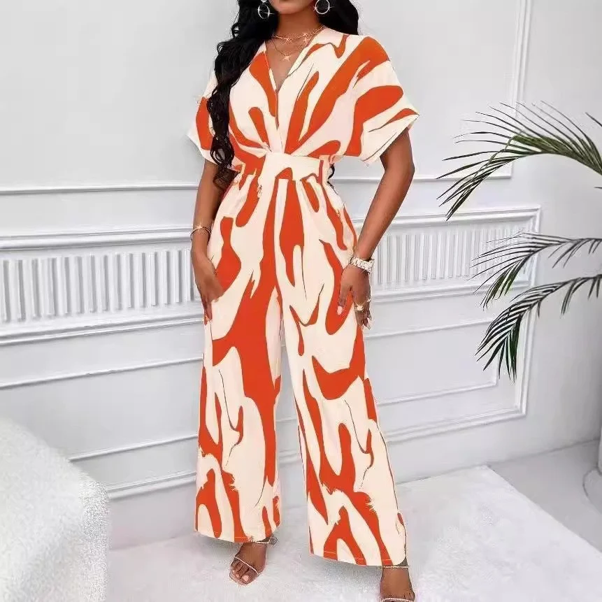Elegant V-Neck Short Sleeve Printed Wide Leg Jumpsuit 2024 Summer High Waist Cross-Border Women's Fashion Casual Polyester
Elegant V-Neck Short Sleeve Printed Wide Leg Jumpsuit 2024 Summer High Waist Cross-Border Women's Fashion Casual Polyester
