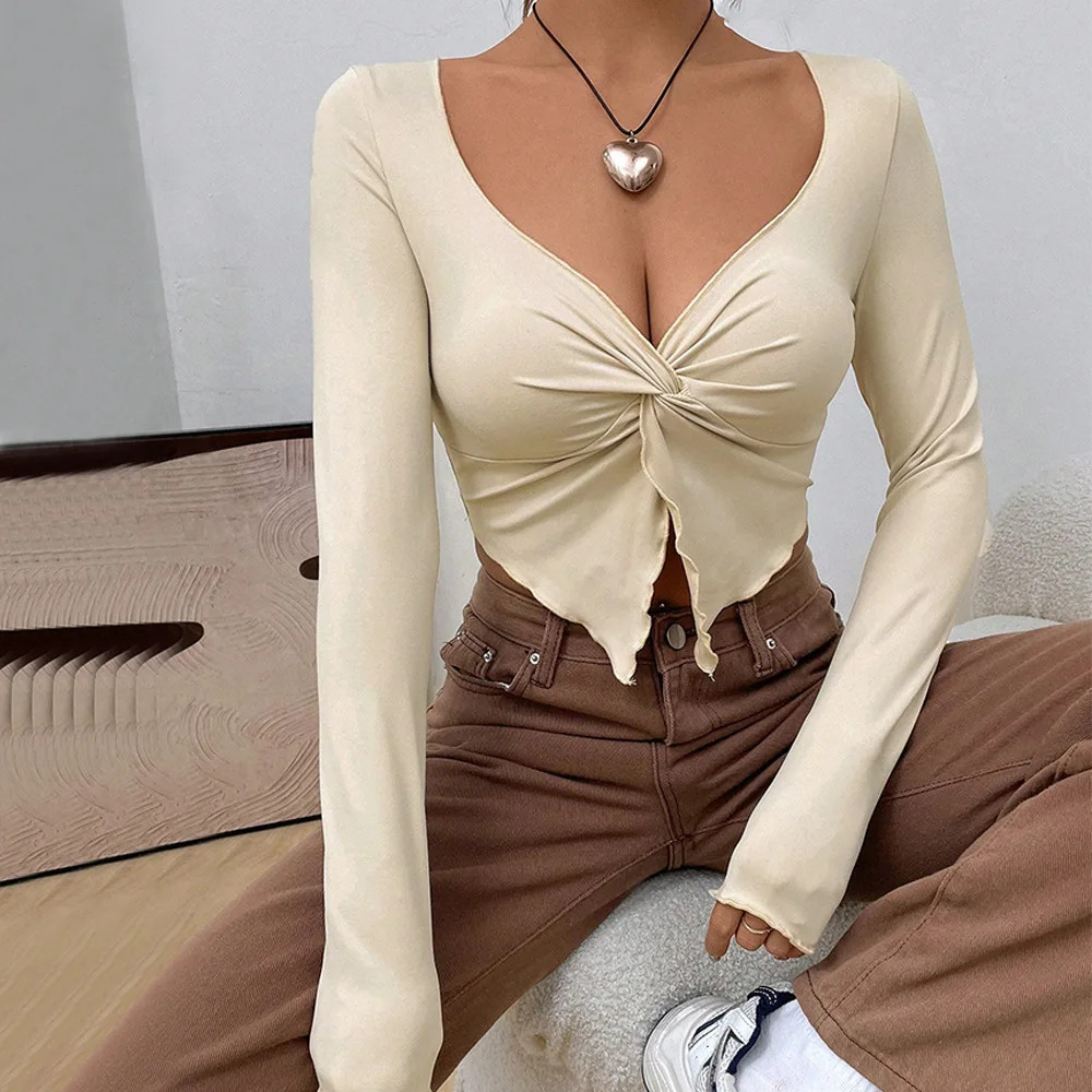 Women Sexy T Shirt 2025 Spring/Summer New Slim Fit Top Fashion Front Twist Irregular Long Sleeve Design Sense V-neck Elegant Tee
Women Sexy T Shirt 2025 Spring/Summer New Slim Fit Top Fashion Front Twist Irregular Long Sleeve Design Sense V-neck Elegant Tee