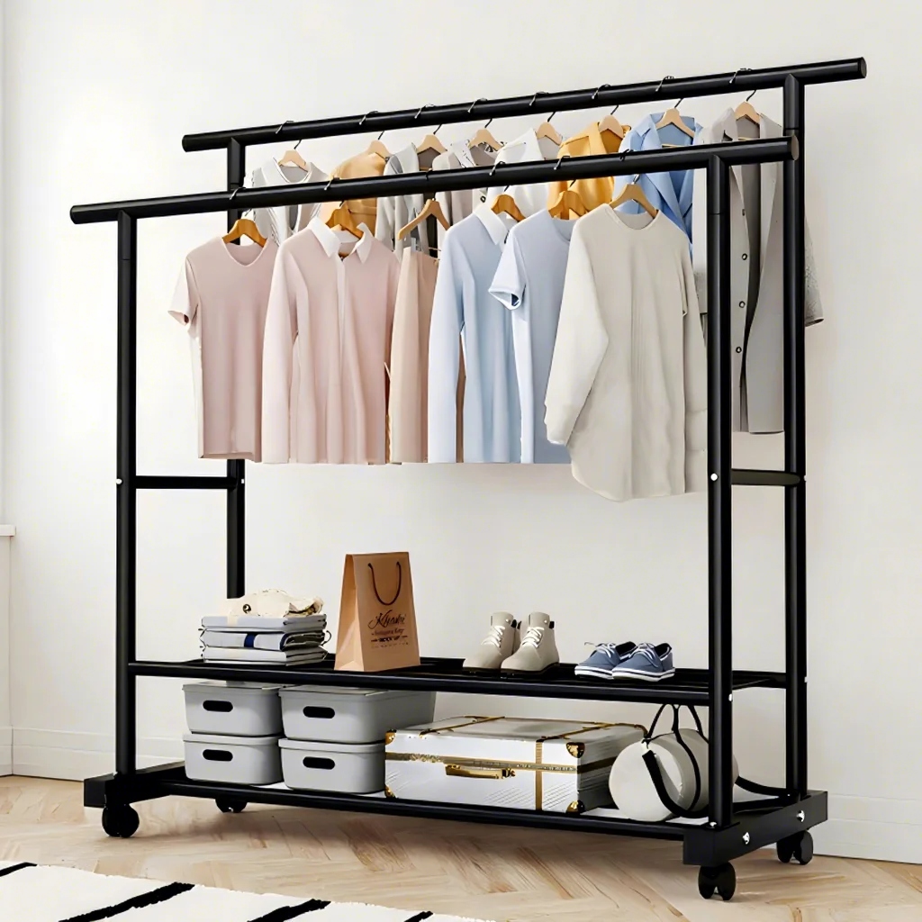 Large Capacity Movable Double Rod Cloth Rack Coat Rack Organizer With Storage Shelves Metal Garment Rack for Bedroom,Balconyprom
Large Capacity Movable Double Rod Cloth Rack Coat Rack Organizer With Storage Shelves Metal Garment Rack for Bedroom,Balconyprom