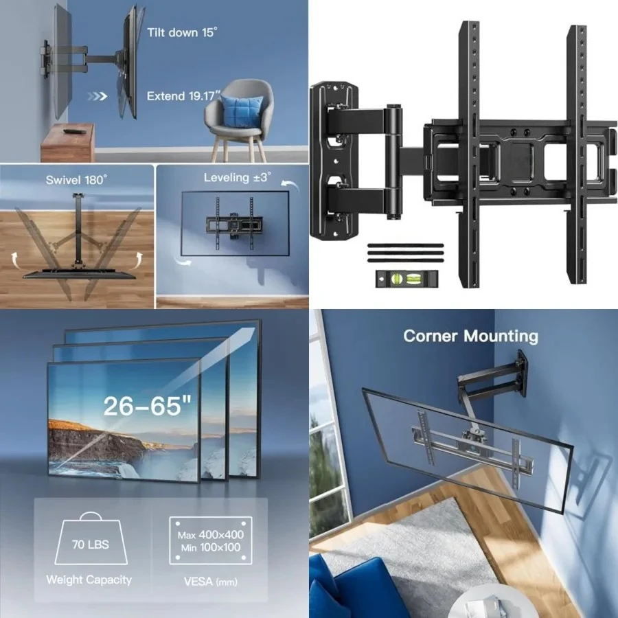 Corner TV Wall Mount for 26-65 inch TVs up to 70 lbs, Full Motion TV Wall Mount Bracket with Swivel, Tilt, Level, Wall Mount with Single Articulating Arm, Max VESA 400x400mm
Corner TV Wall Mount for 26-65 inch TVs up to 70 lbs, Full Motion TV Wall Mount Bracket with Swivel, Tilt, Level, Wall Mount with Single Articulating Arm, Max VESA 400x400mm