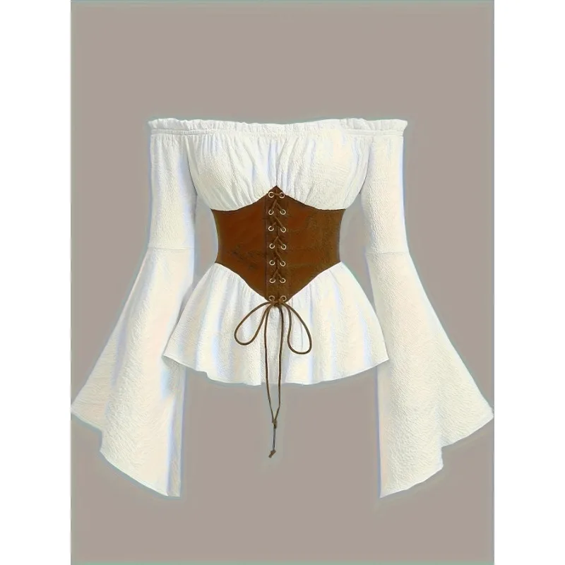 Women's Stylish and Elegant One-shoulder Shirt, Flared Sleeves, Lace-up Waistline, Off-shoulder Design, Brown Lace-up Details
Women's Stylish and Elegant One-shoulder Shirt, Flared Sleeves, Lace-up Waistline, Off-shoulder Design, Brown Lace-up Details