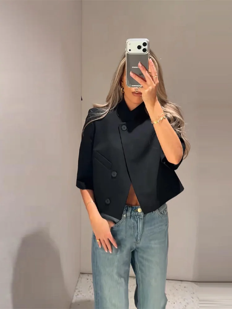 Elegant Women's Black Cropped Blazer Coats Stand Collar Single-breasted Short Sleeve Suit Jackets 2026 Spring Summer Outwear
Elegant Women's Black Cropped Blazer Coats Stand Collar Single-breasted Short Sleeve Suit Jackets 2026 Spring Summer Outwear