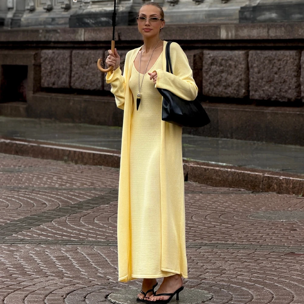 Tuularose Women Long Dress 2 Piece Solid Knitted Spaghetti Strap Dress Long Sleeve Cardigan Set Casual Fashion Female Dress Set
Tuularose Women Long Dress 2 Piece Solid Knitted Spaghetti Strap Dress Long Sleeve Cardigan Set Casual Fashion Female Dress Set