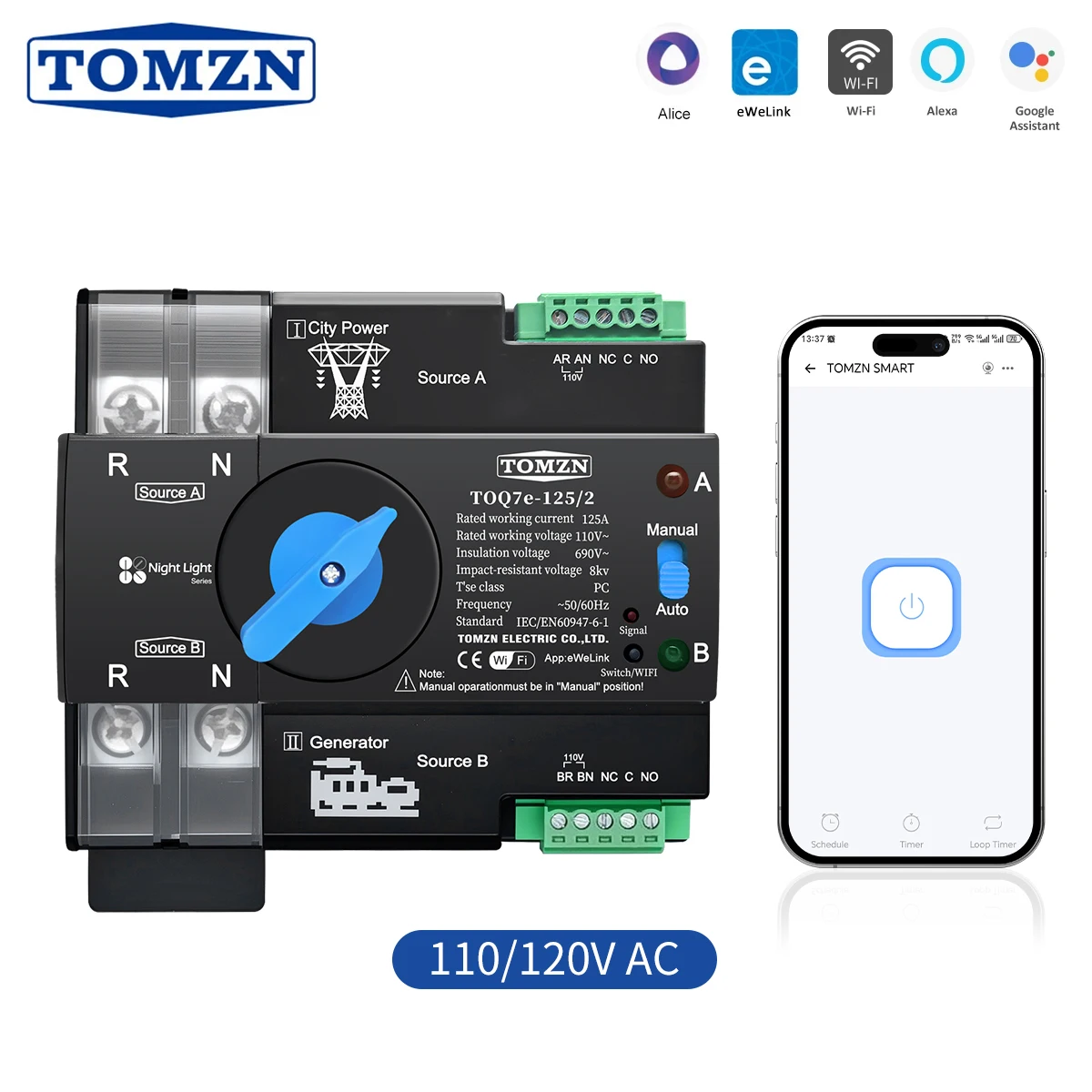 TOMZN 110 В 120 В WIFI умный ATS двойной мощности автоматический переключатель передачи бесперебойный 2P 63A 100A 125A eWeLink Din-рейка
TOMZN 110 В 120 В WIFI умный ATS двойной мощности автоматический переключатель передачи бесперебойный 2P 63A 100A 125A eWeLink Din-рейка