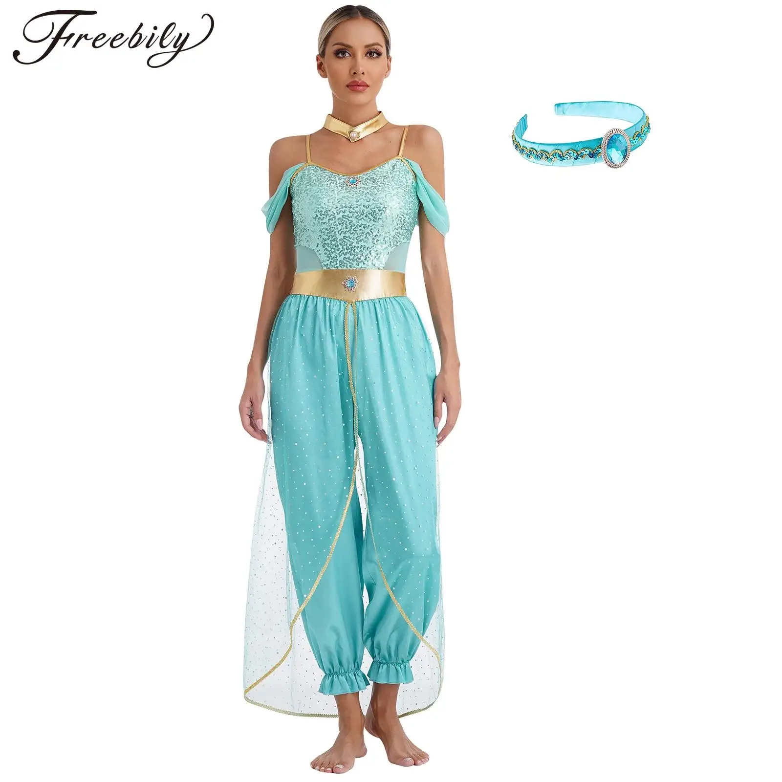 Women Halloween Arabian Princess Cosplay Costume Shiny Sequin Mesh Jumpsuit with Choker Gems Headband Dress Up Party Clothes
Women Halloween Arabian Princess Cosplay Costume Shiny Sequin Mesh Jumpsuit with Choker Gems Headband Dress Up Party Clothes