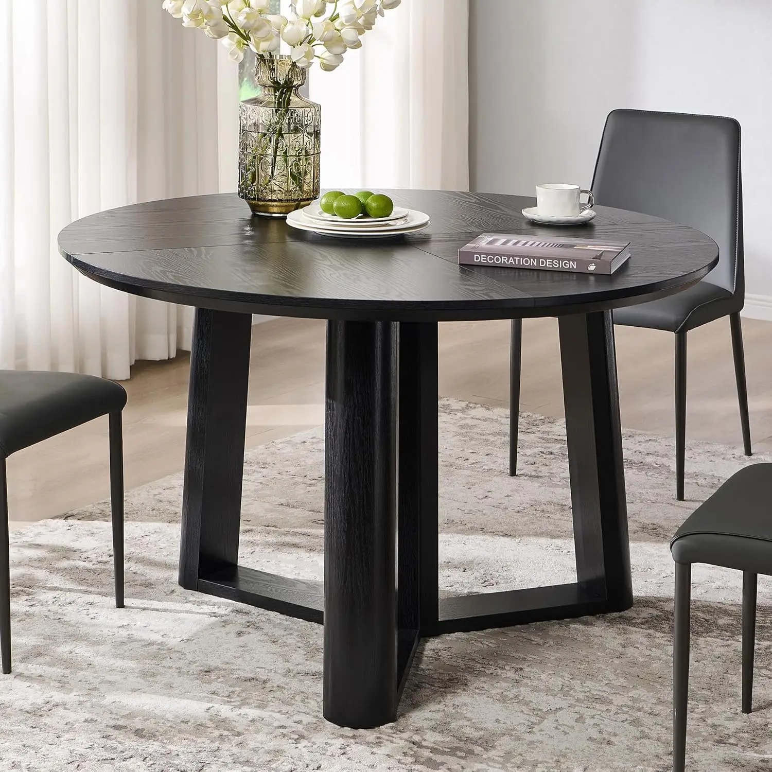 47" Round Dining Table Triangular Pedestal Stable Base Curved Edge Seats 4-6 Kitchen Dining Room Black Oak, Customized
47" Round Dining Table Triangular Pedestal Stable Base Curved Edge Seats 4-6 Kitchen Dining Room Black Oak, Customized