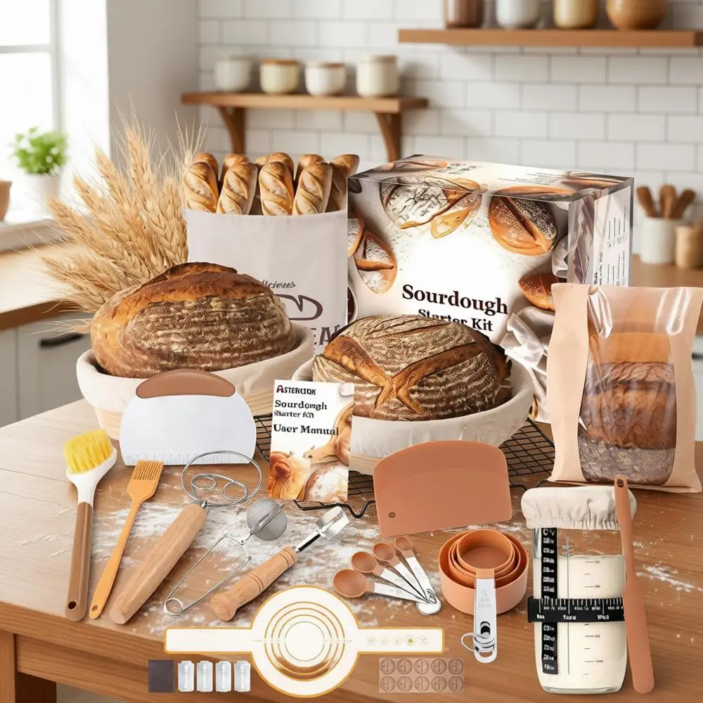 Complete Sourdough Starter Kit: Banneton, Bread Sling, Jar, Whisk, Scrapers, Stencils, Cooling Rack & Bag
Complete Sourdough Starter Kit: Banneton, Bread Sling, Jar, Whisk, Scrapers, Stencils, Cooling Rack & Bag